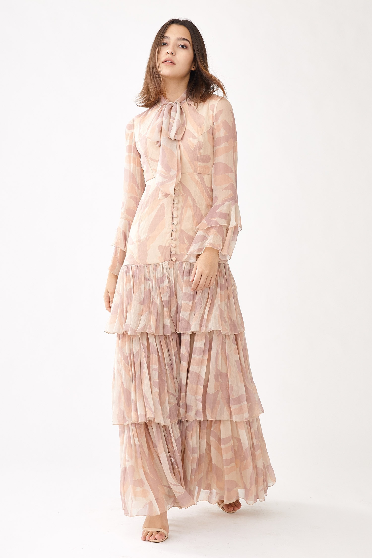 pink chiffon tiered dress