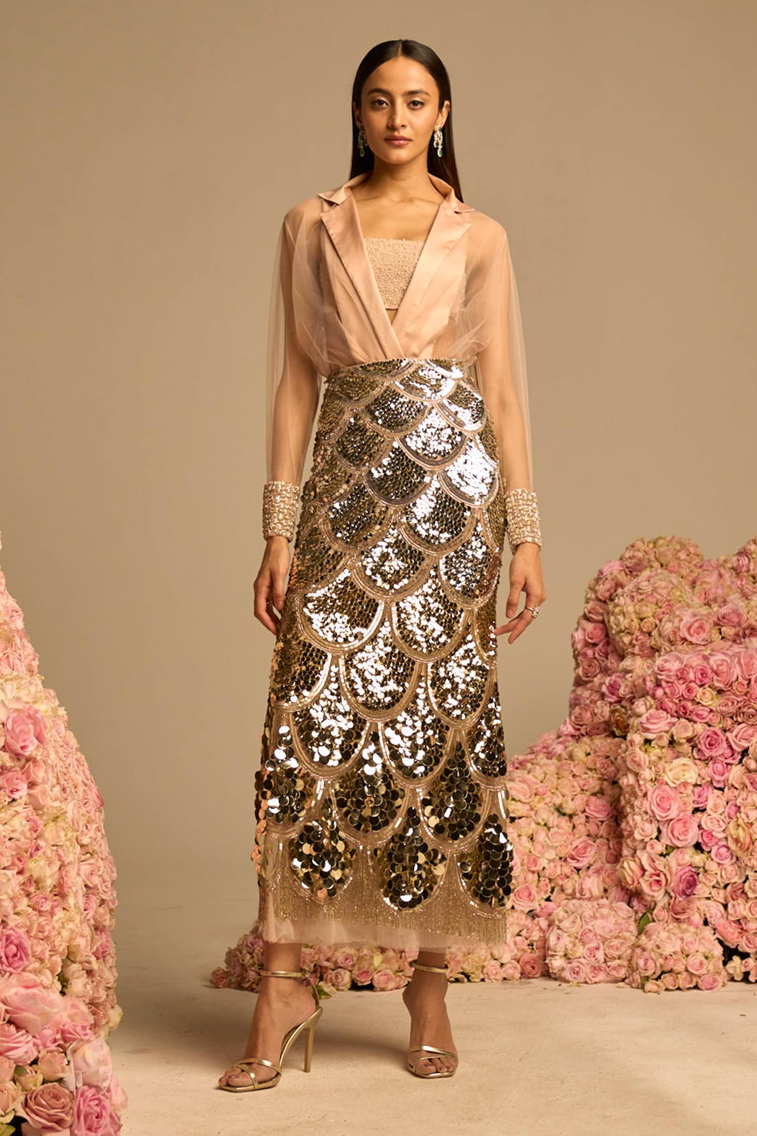 Buy Pink Tulle Embroidered Bugle Ignite Sheer Bodysuit And Bralette Set