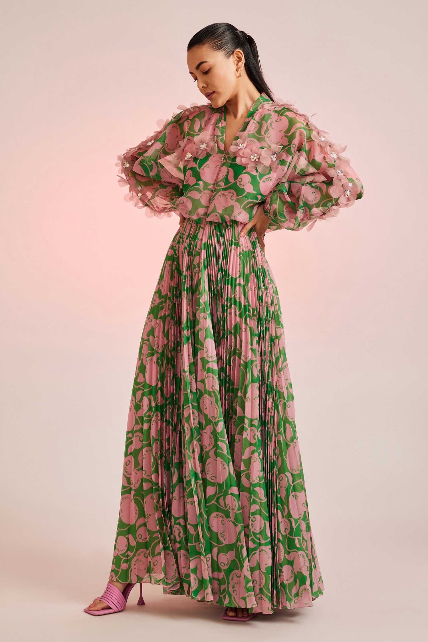 Buy Green Chiffon Embellished Floral Mandarin Porta Pleated Maxi Dress ...