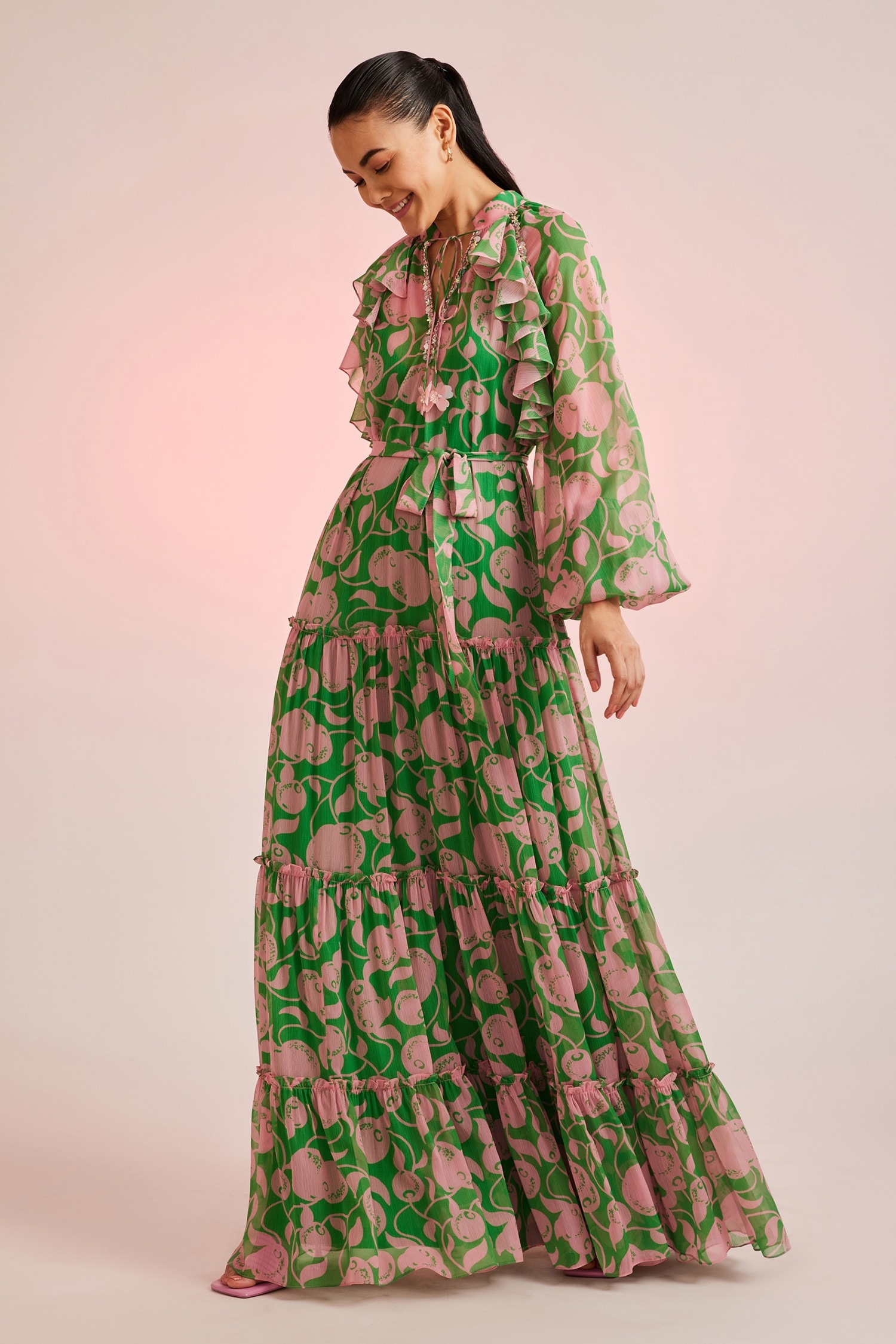 Buy Green Chiffon Embellished Mandarin Collar Porta Tiered Maxi 