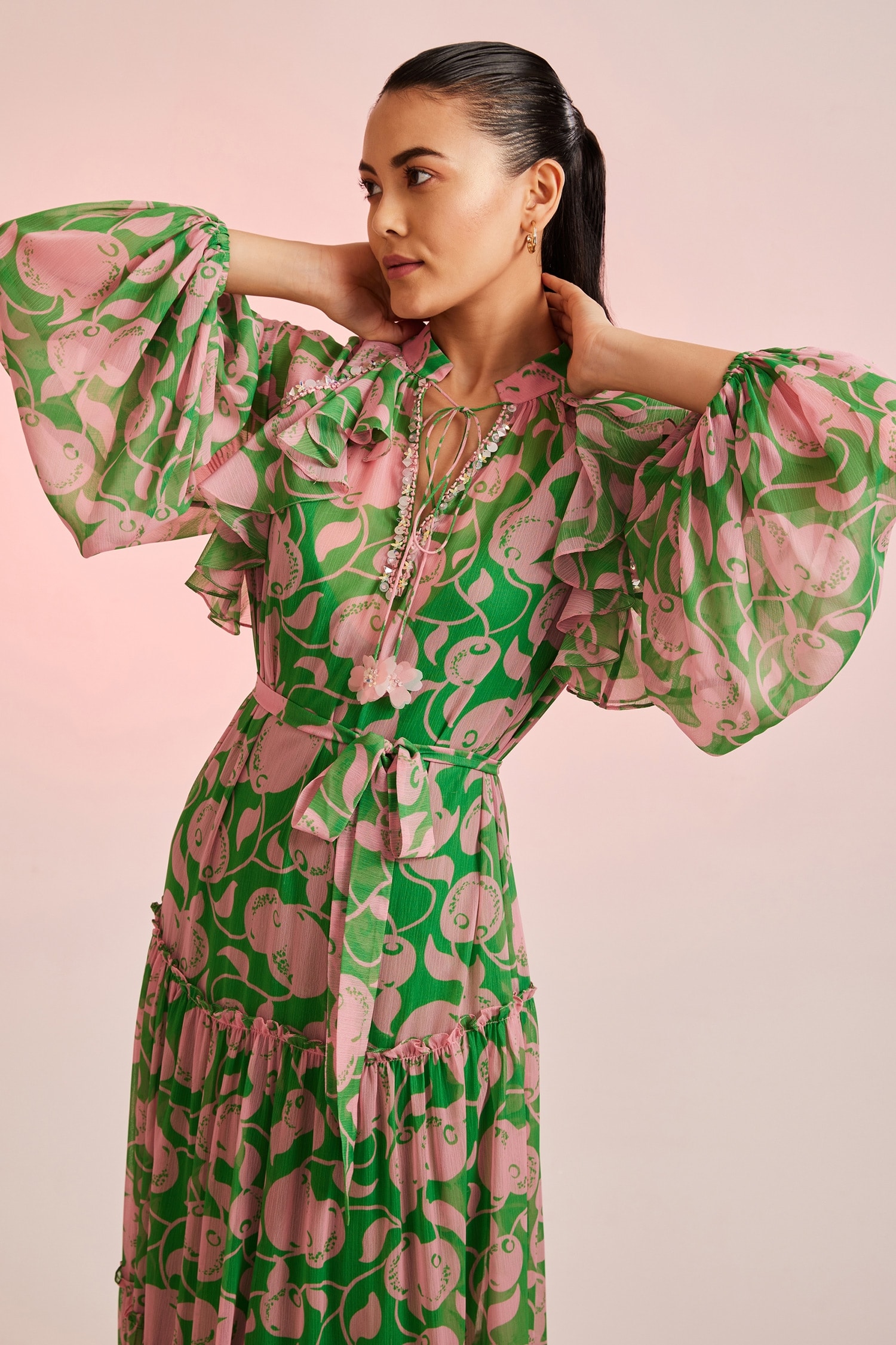 Buy Green Chiffon Embellished Mandarin Collar Porta Tiered Maxi 