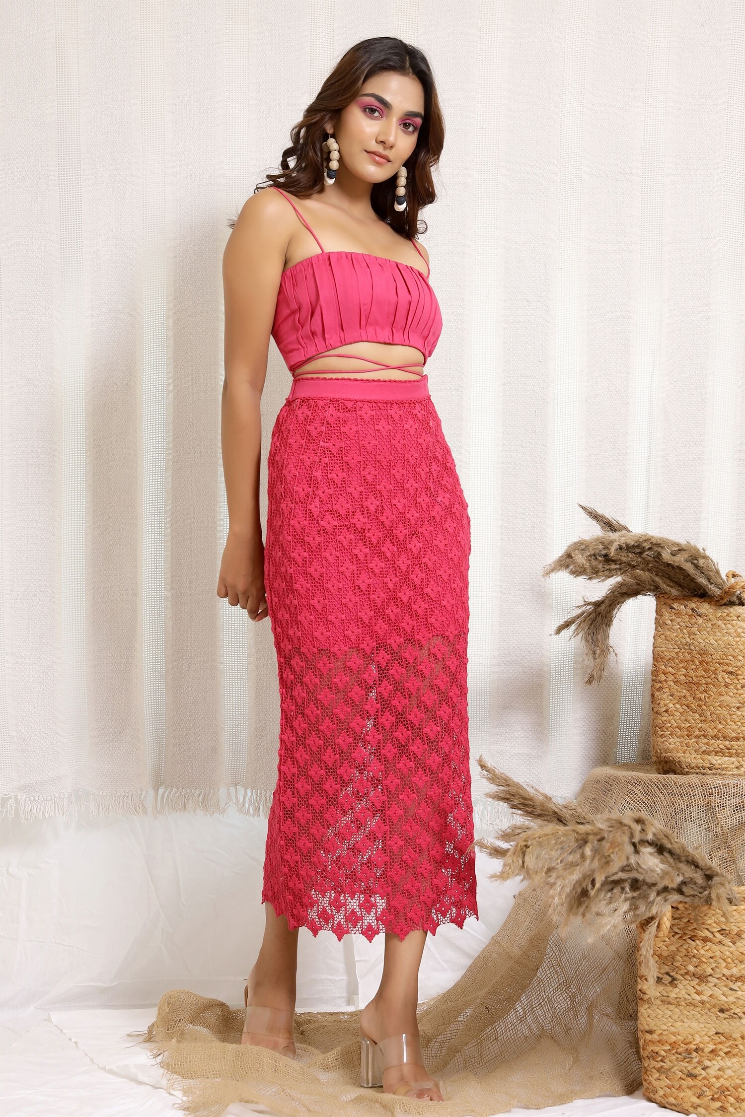 Kalakaari By Sagarika - Pink Cotton And Crochet Embroidery Periwinkle Crop  Top & Skirt Set For Women