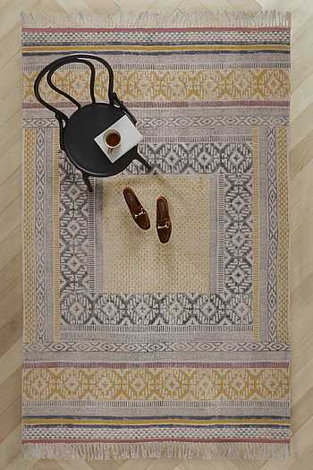 Buy Brown Block Print Cotton Hand Rug by ORNA Online at Aza Fashions.