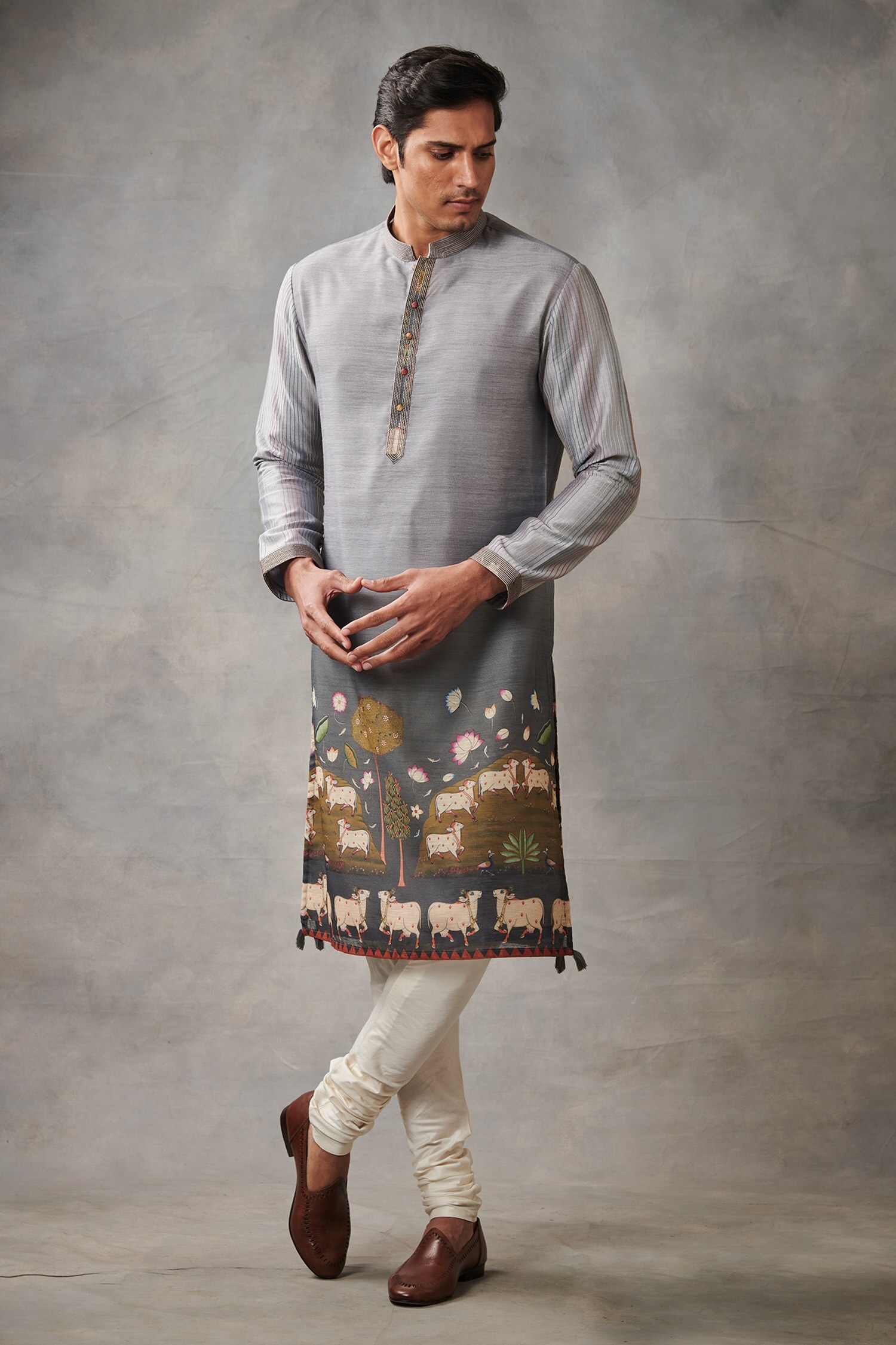 Buy Grey Chanderi Silk Printed Animal Kurta Set For Men by Gargee Designers Online at Aza Fashions.