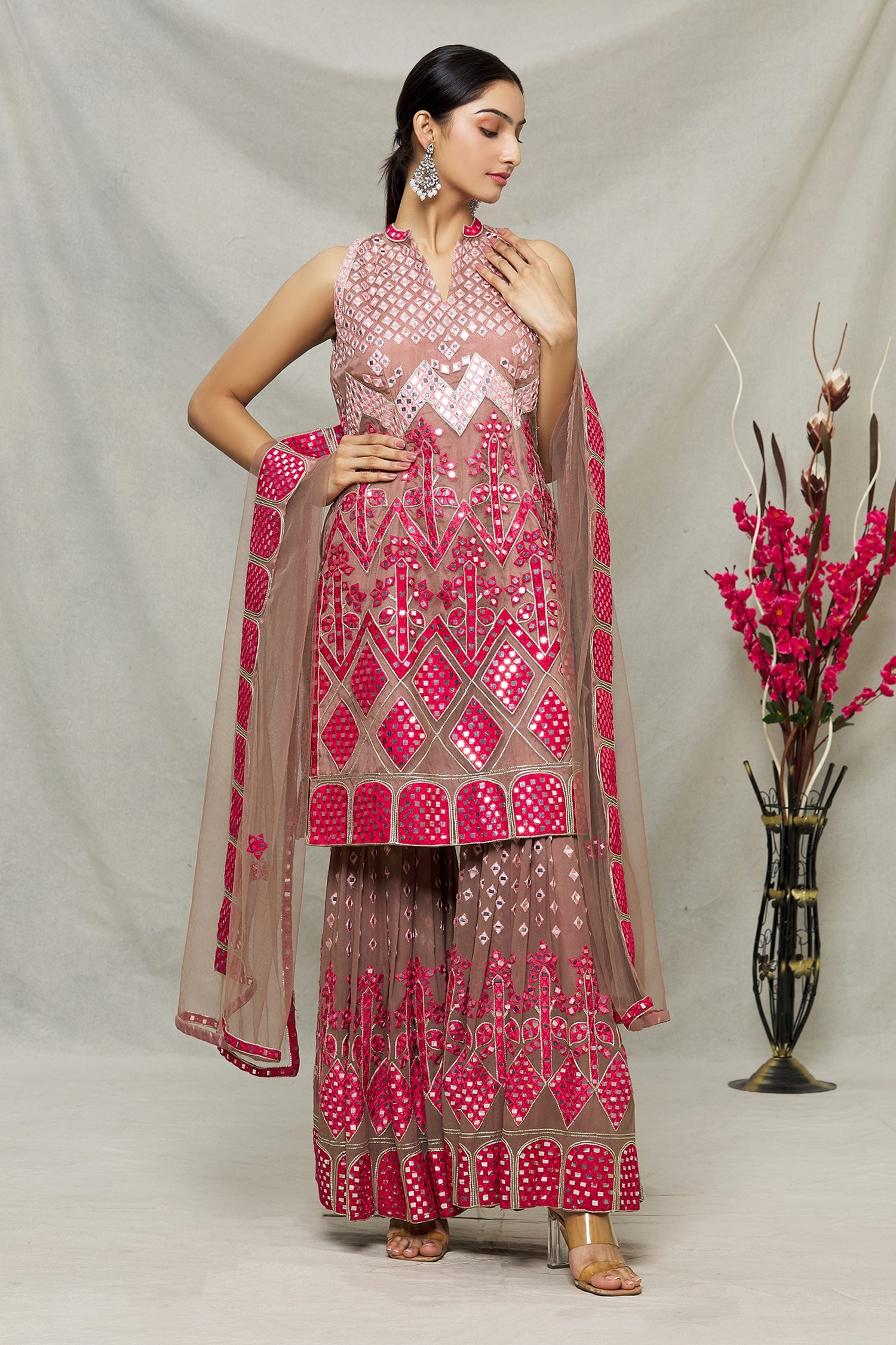 Abhi Singh - Pink Net Embroidered Mirror Work Mandarin Collar Kurta Gharara  Set For Women