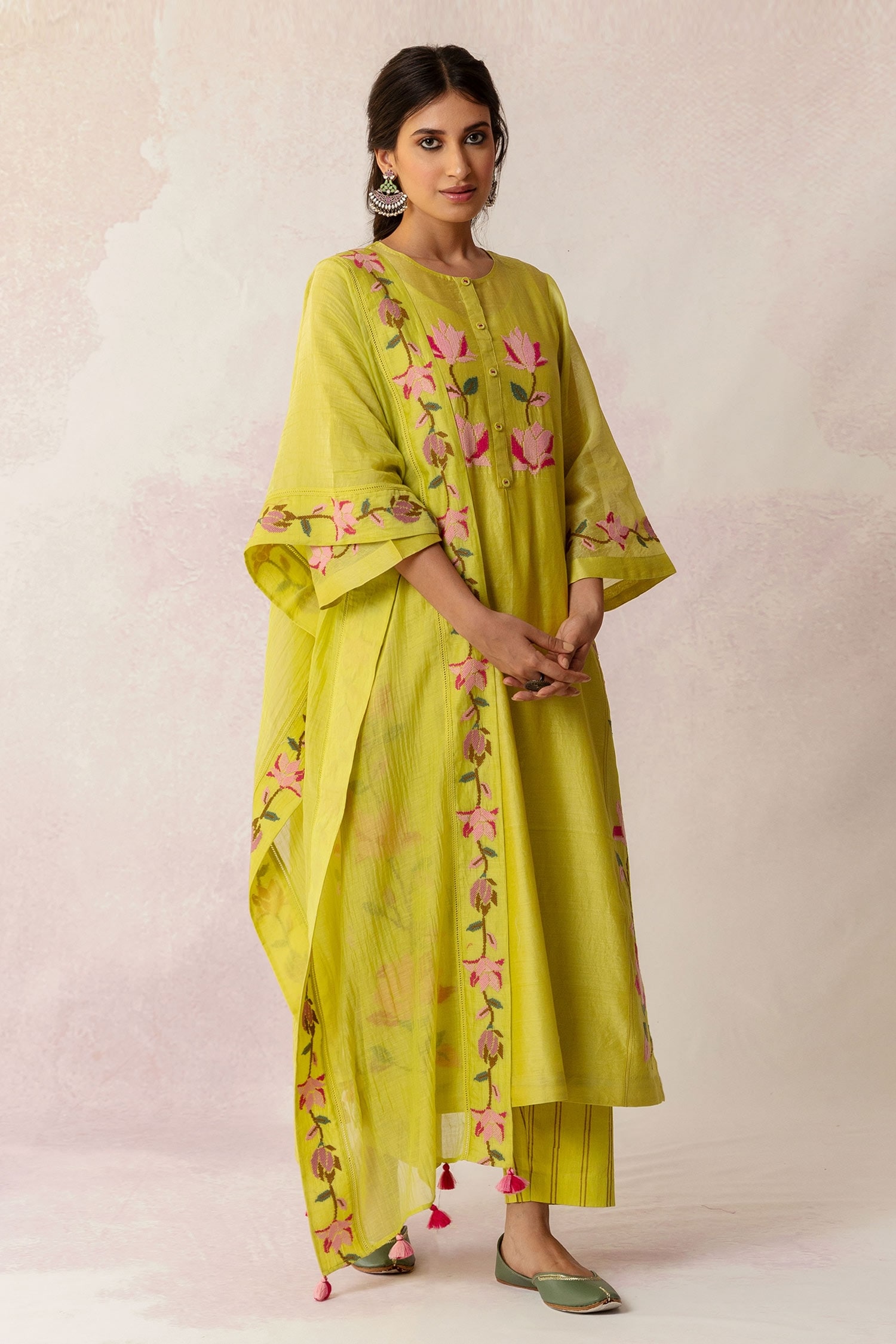 Buy Green Kurta: Handwoven Chanderi Cross Stitch Embroidery Bahaar Set ...