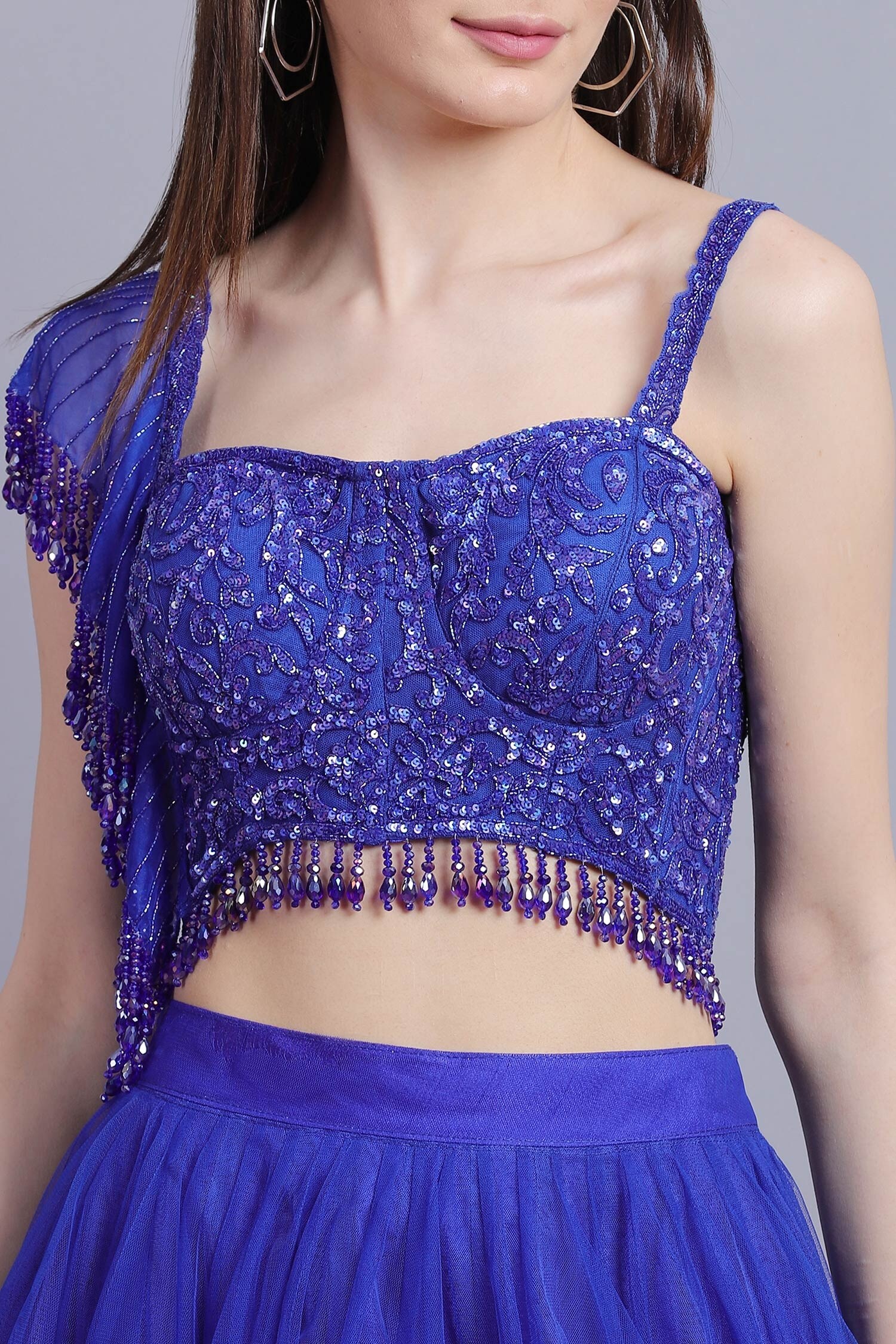 Buy Asira Blue Net Elise Lehenga And Embroidered Blouse Set Online ...