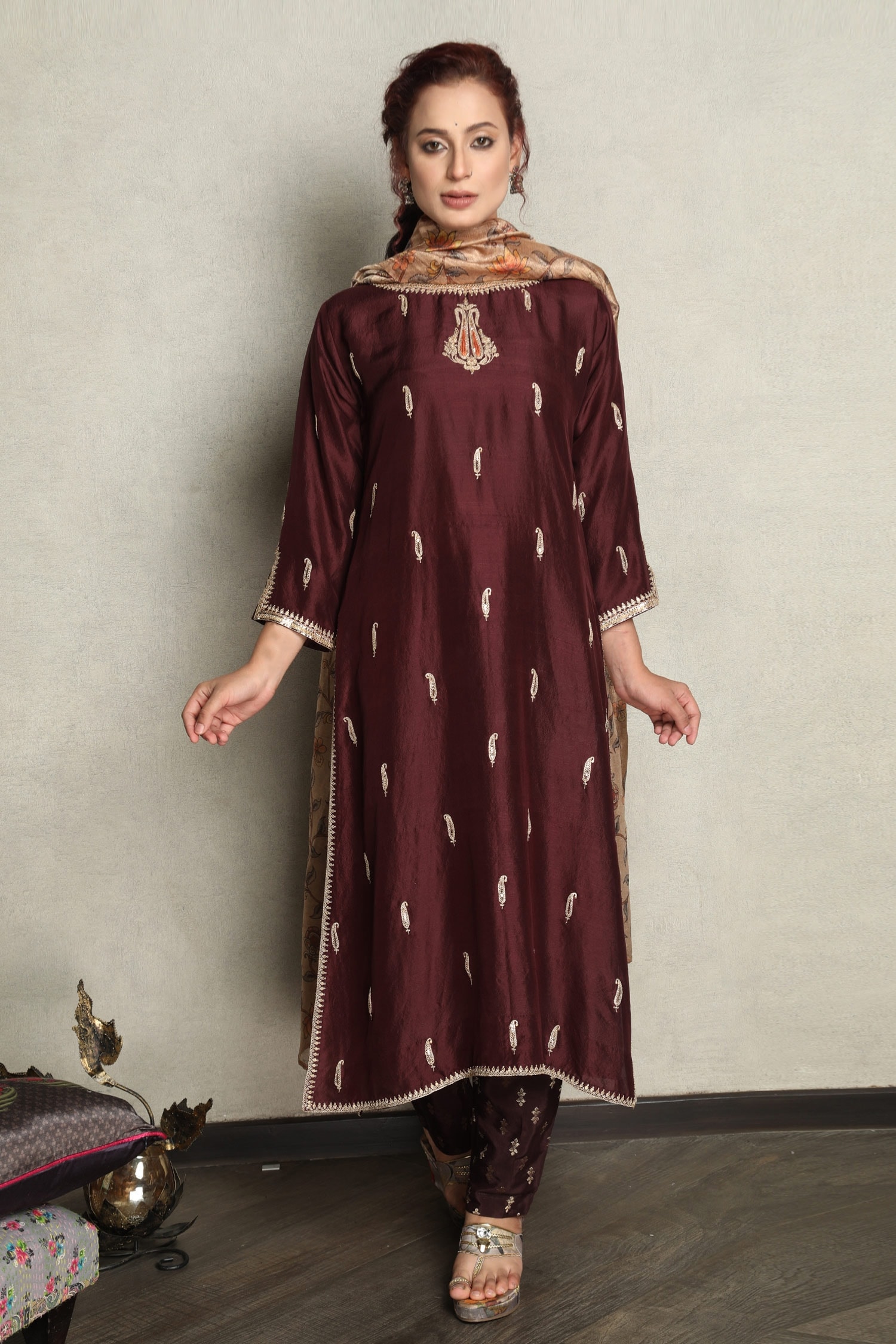 Buy Brown Kurta: Dupion Silk Embroidery Thread And Sequin Round & Pant ...