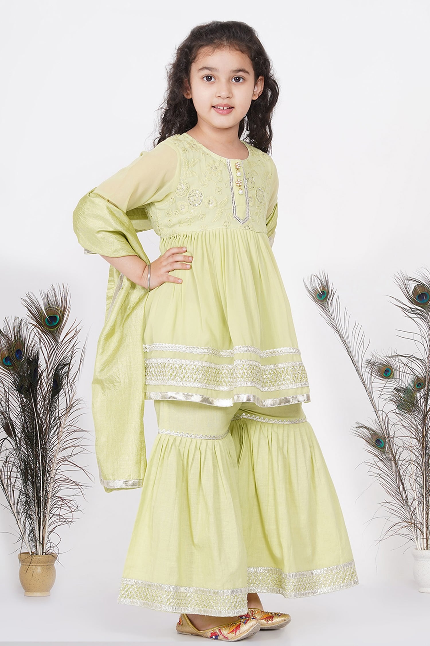 Buy Cream Cotton Hand Embroidered Floral Frock Kurta Sharara Set For Girls  by Little Bansi Online at Aza Fashions.