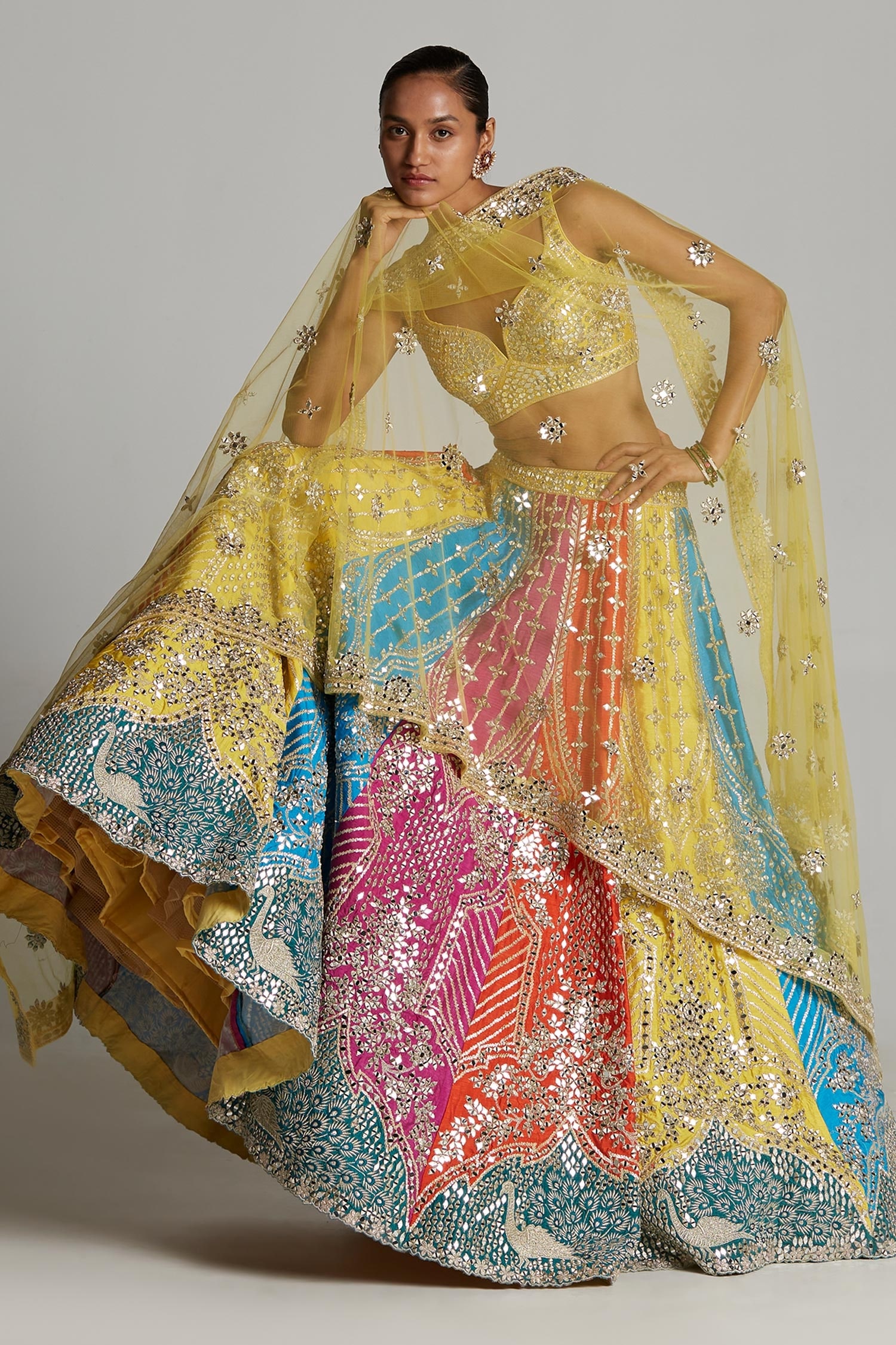 Angad Singh Multi Color Raw Silk Embroidered Mughal Sweetheart Neck Lehenga Set For Women