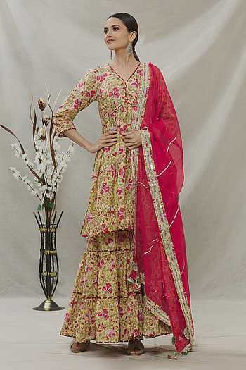 Excellent Yellow & Green Sharara Top Style Lehenga Anarkali