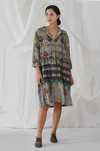 Buy Grey 86% Cotton And 14% Silk Impressionist Insho Dress For Women by ...