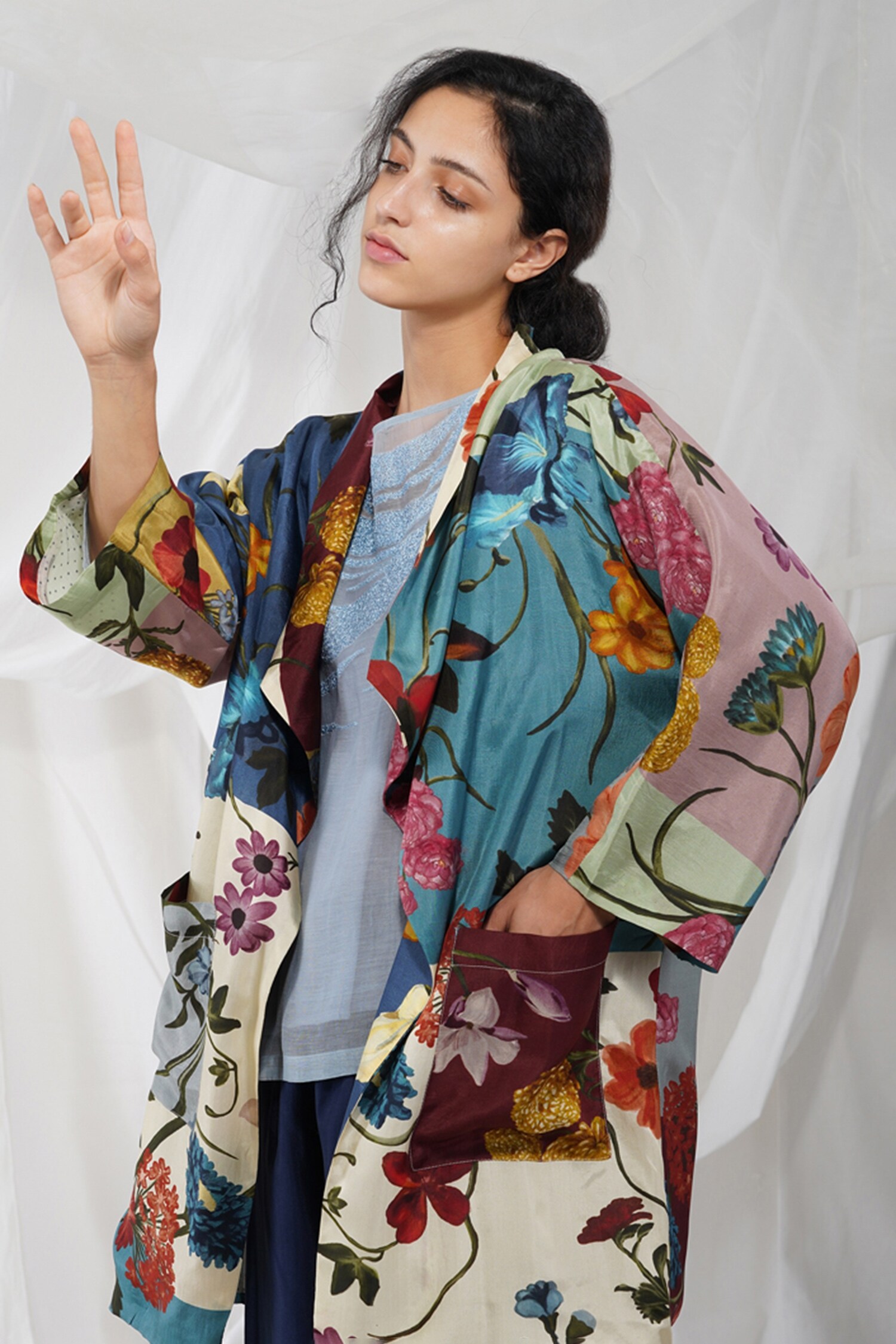 Buy Yavi Blue Niji Silk Floral Print Jacket Online | Aza Fashions