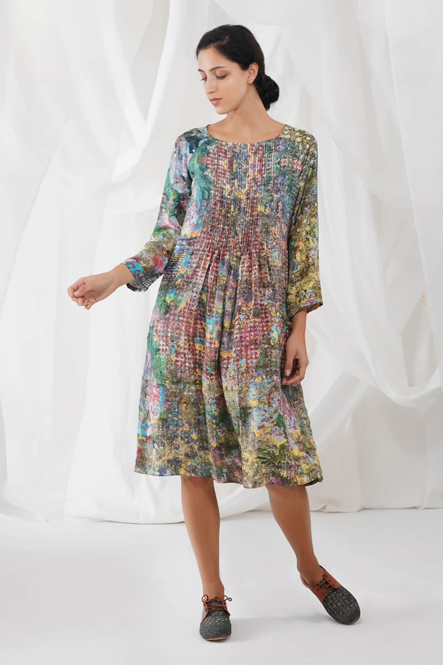 Buy Blue 100% Silk Impressionist Round Amaru Dress For Women by Yavi ...