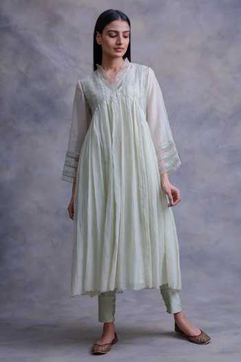 Women Yellow Chanderi Sequin Embroidered Kurta with Pant & Embroidered Organza Dupatta