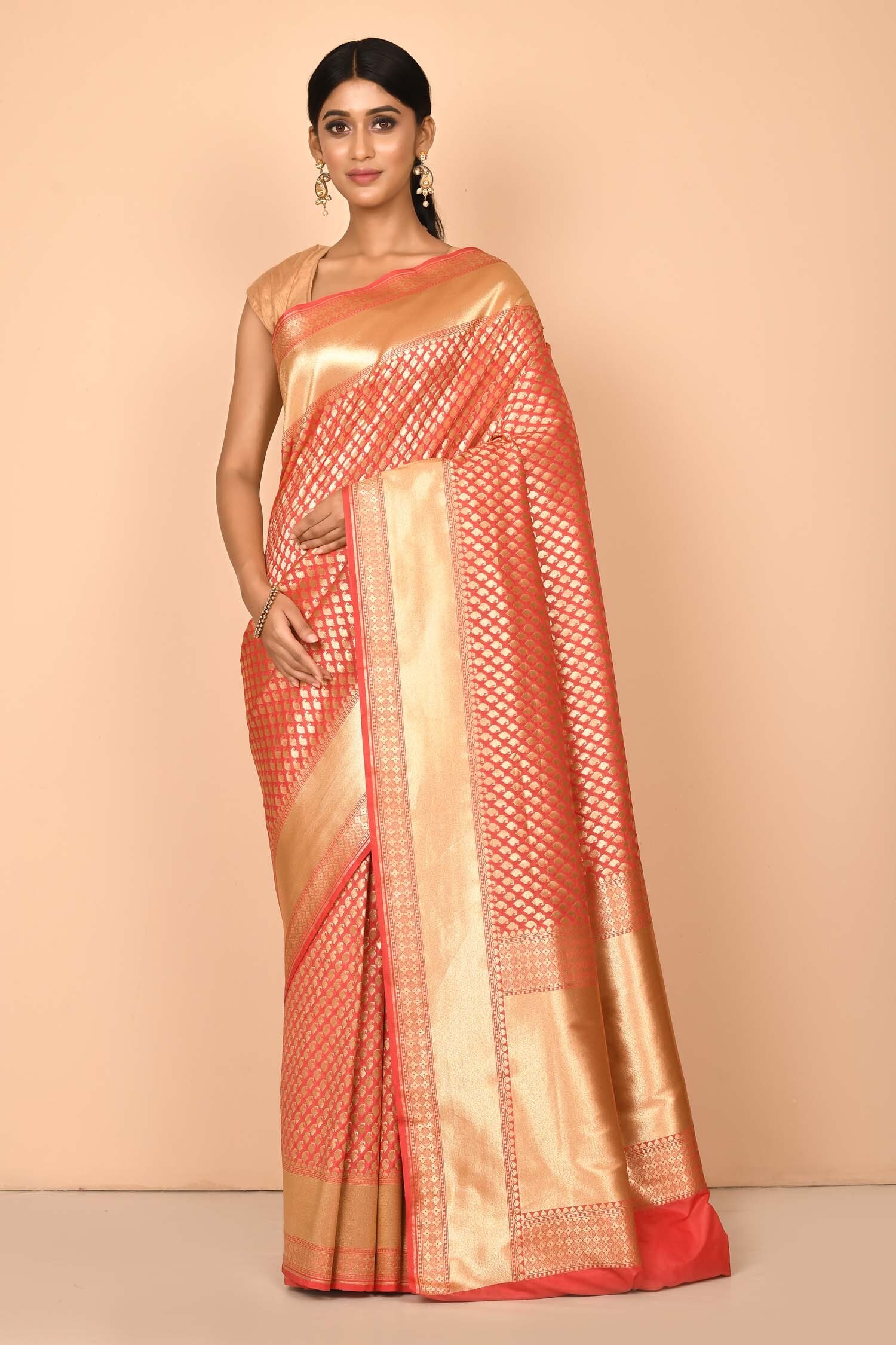 Buy Peach Banarasi Katan Silk Woven Floral And Paisley Saree With