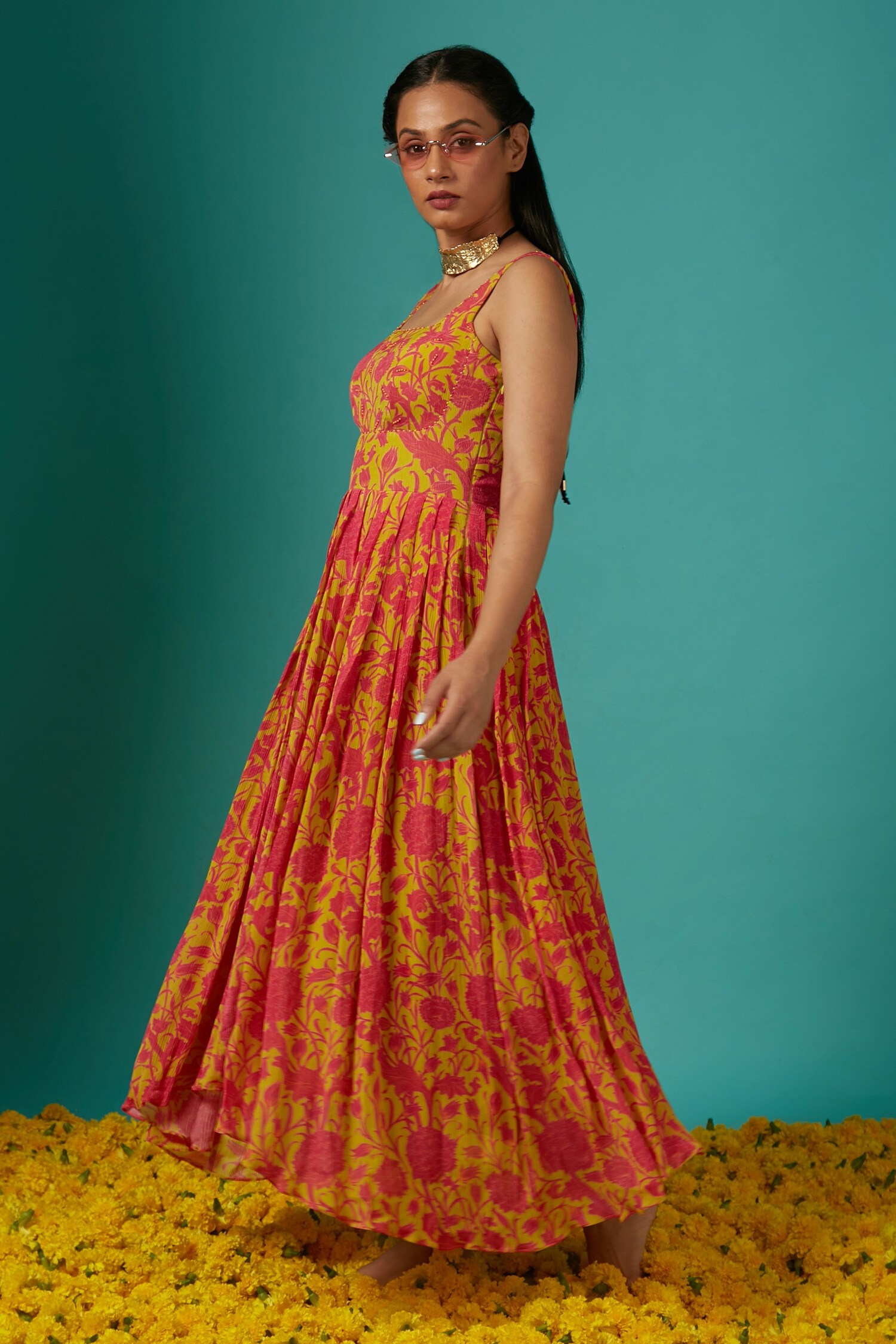 Buy Yellow Cotton Hand Block Print Floral U Neck Mango Slush Flowy Dress  For Women by Marche Online at Aza Fashions.