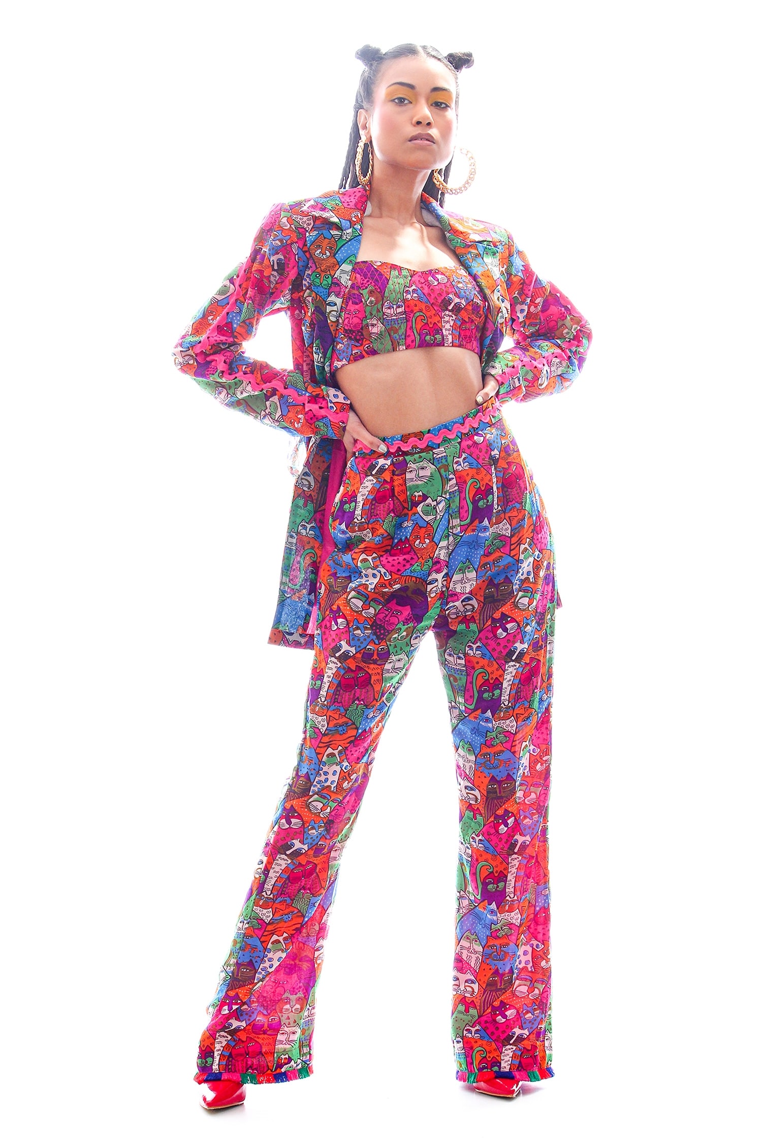 Nitya Bajaj Pink Georgette Meow Print Summer Blazer And Pant Set