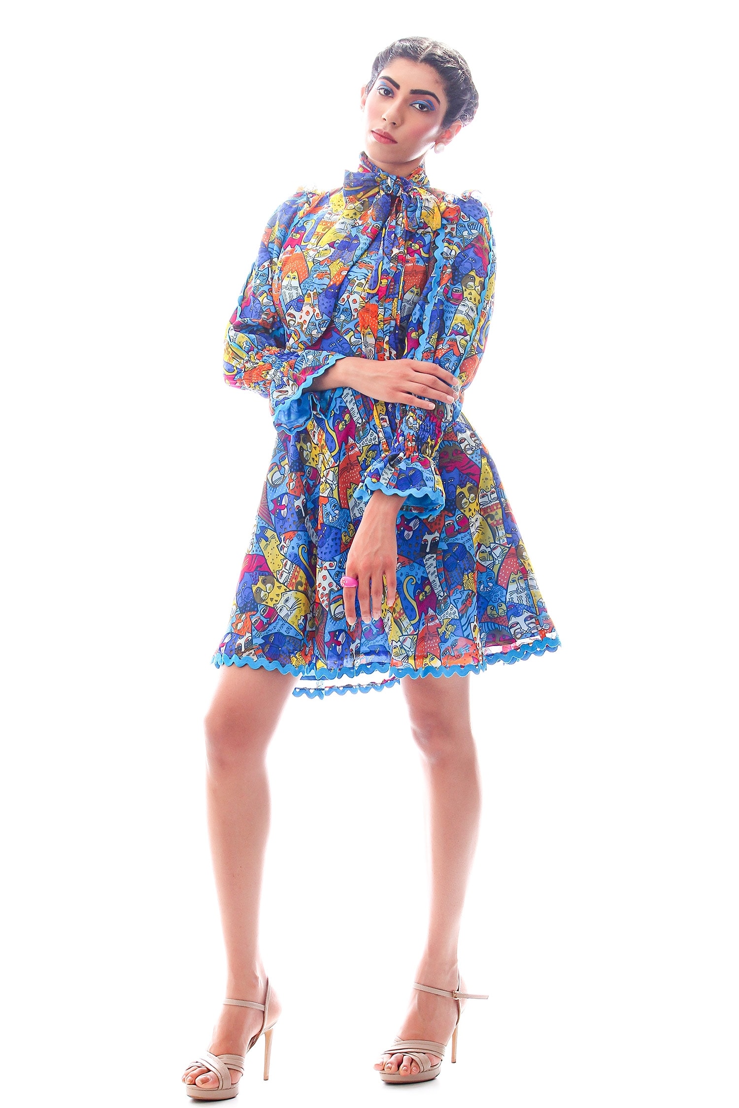 Nitya Bajaj Blue Meow Print Skater Dress