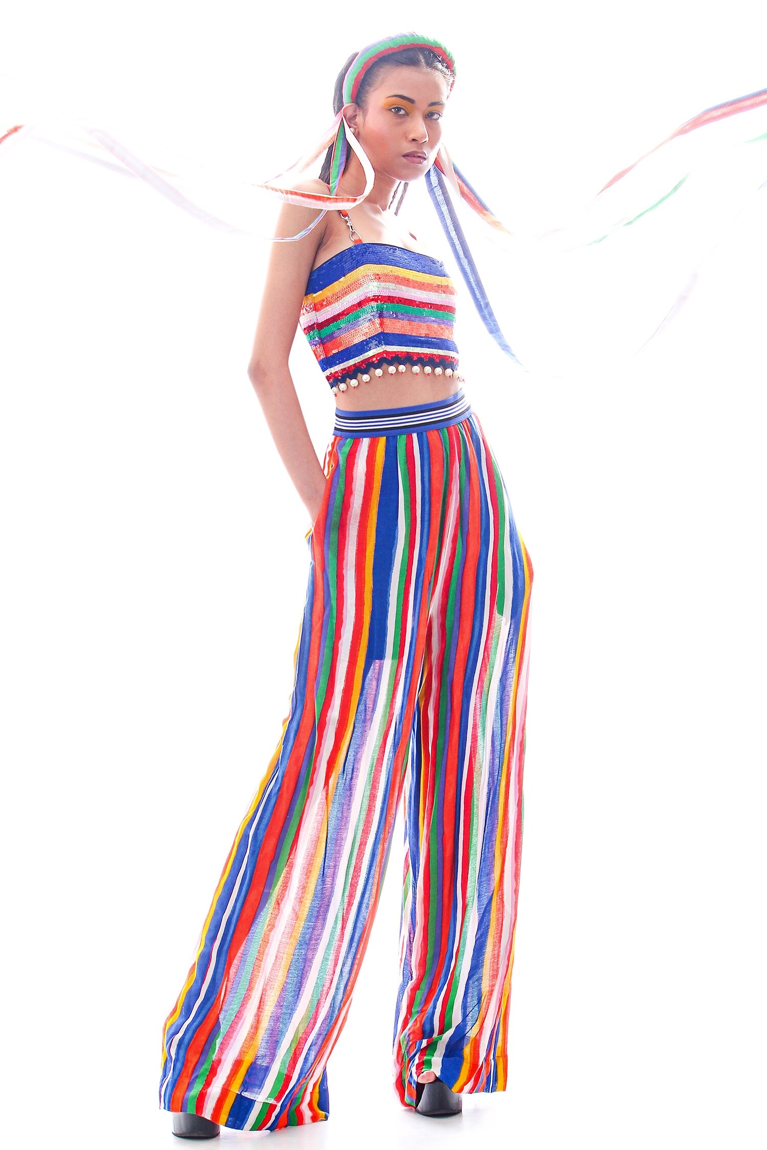 Nitya Bajaj Multi Color Summer Georgette Striped Palazzo And Bustier Set