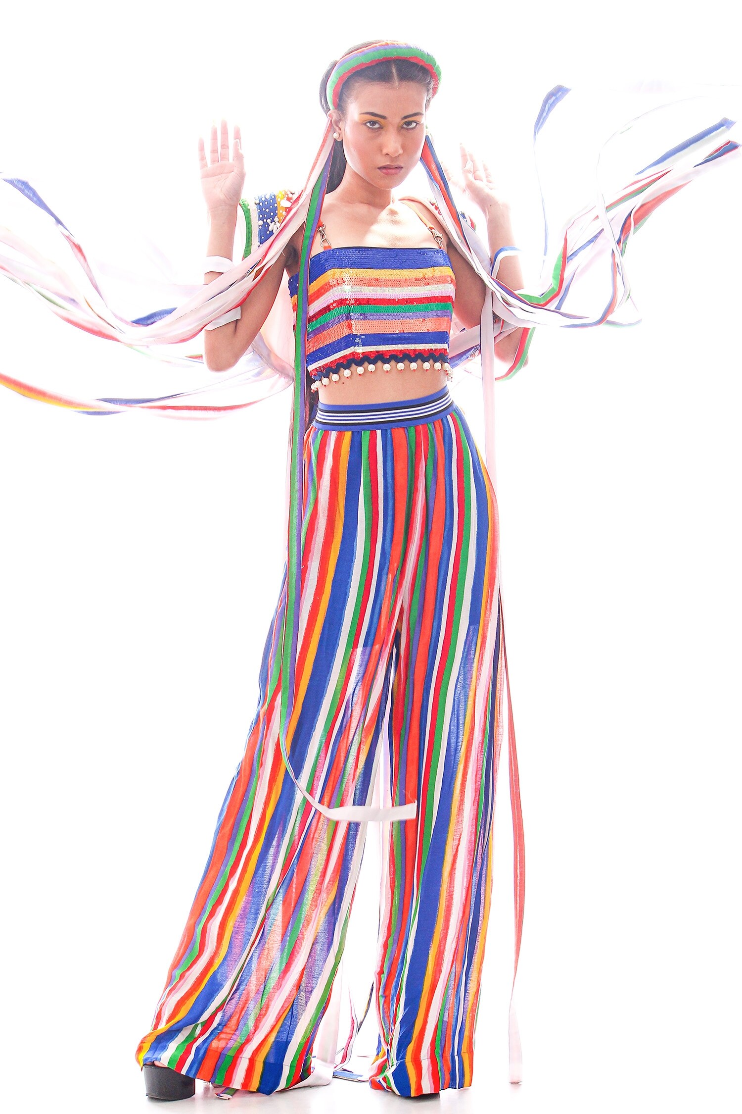 Nitya Bajaj Multi Color Summer Georgette Striped Coachella Tassel Cape