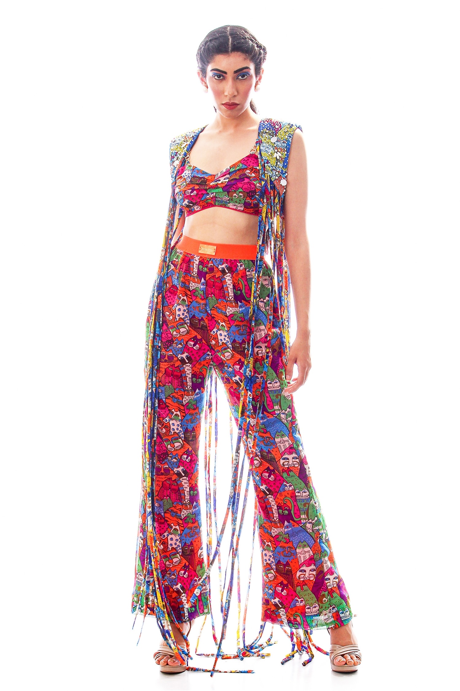Nitya Bajaj Blue Georgette Meow Print Tasselled Cape