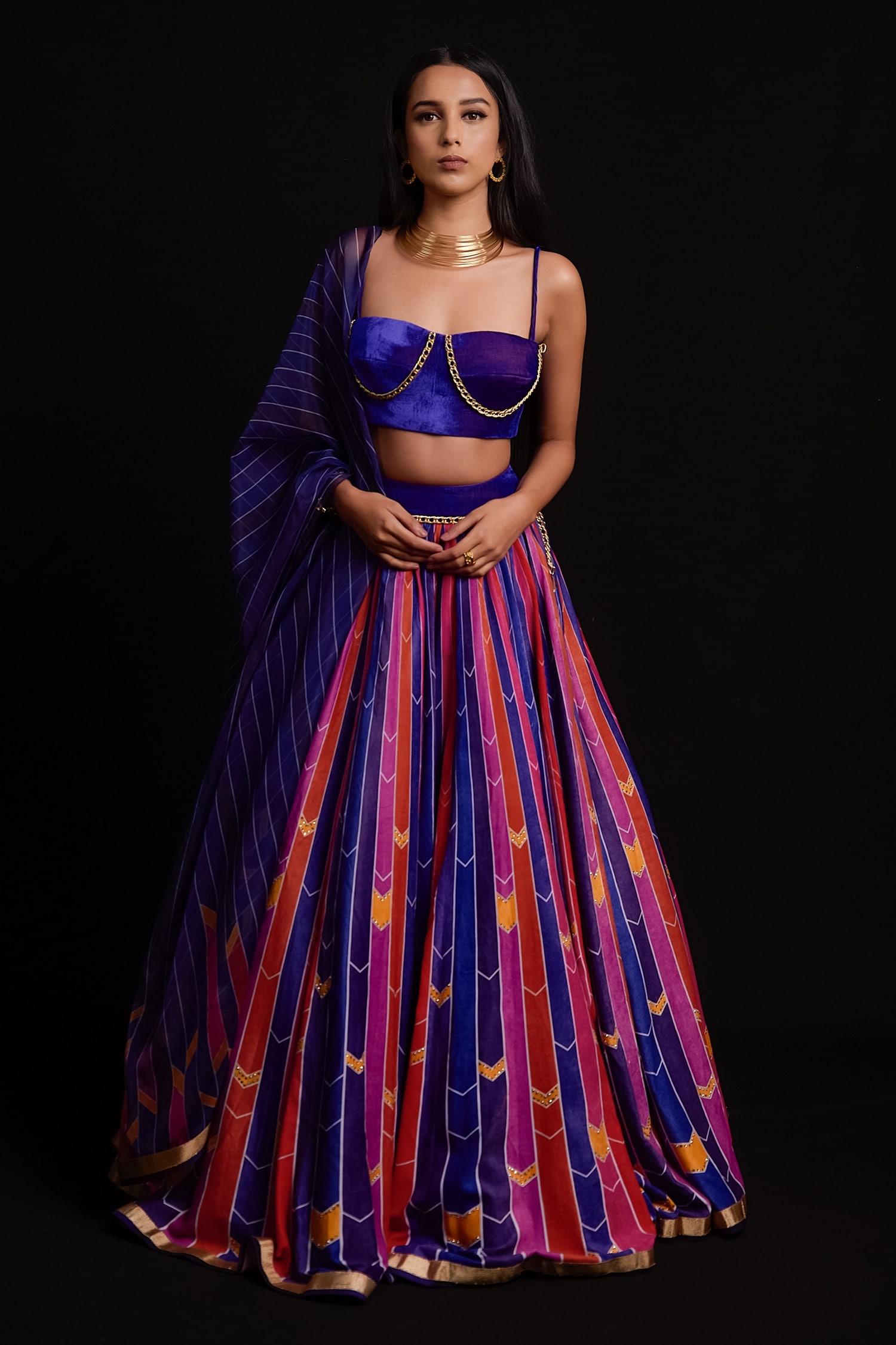 Buy Multi Color Velvet Printed Striped Sweetheart Neck Lehenga Set For ...