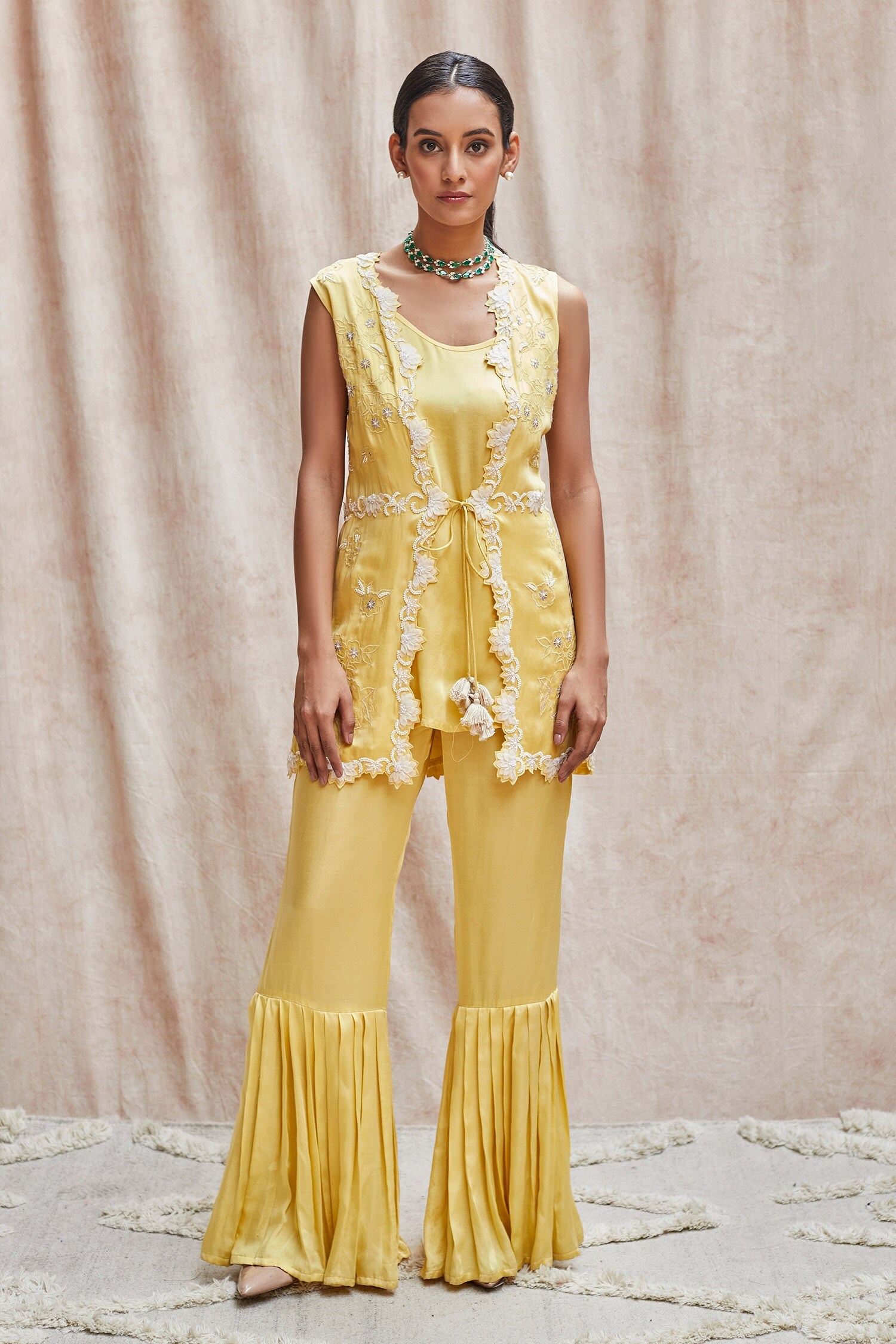 Buy Yellow Modal Satin Embroidered Bead Work Round Jacket Sharara Set