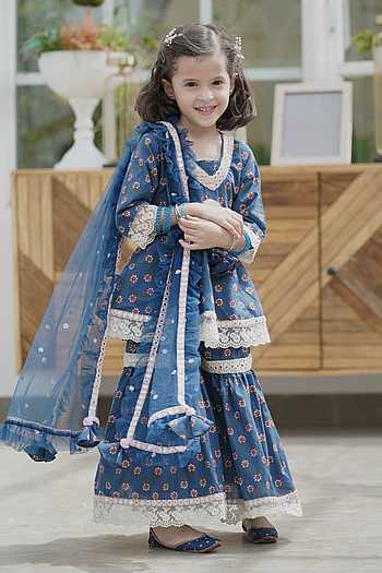Girl's Navy Blue Floral Peplum Kurta with Printed Sharara – Festive Ethnic Set