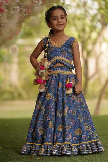 Kids Blue Printed Cotton Ready to Wear Lehenga Choli