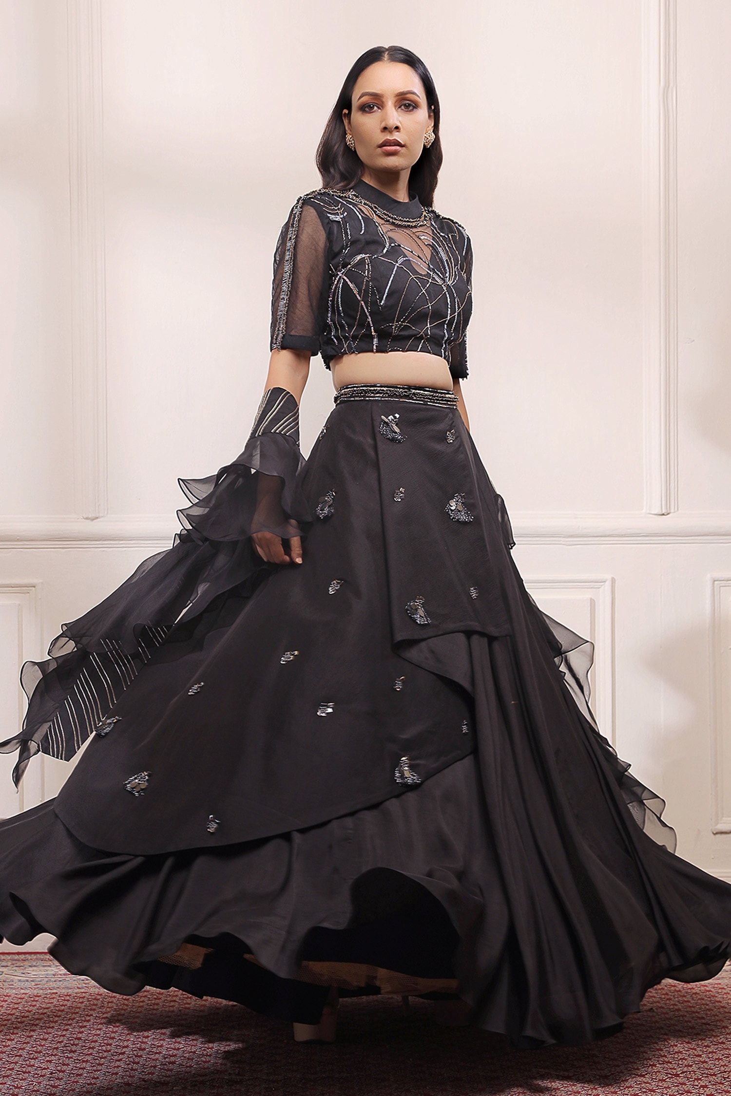 Buy Black Silk Embroidered Cutdana Layered Lehenga Set With Ruffle