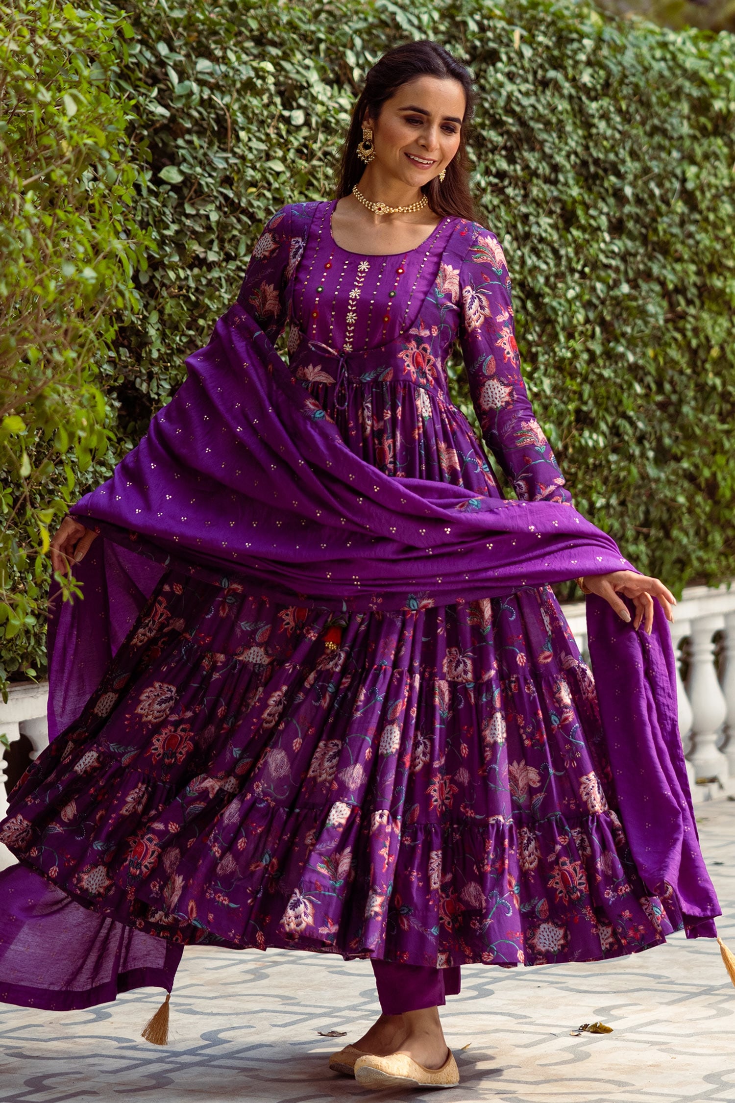 Buy Purple Cotton Silk And Chanderi Print & Embroidery Floral Anarkali ...