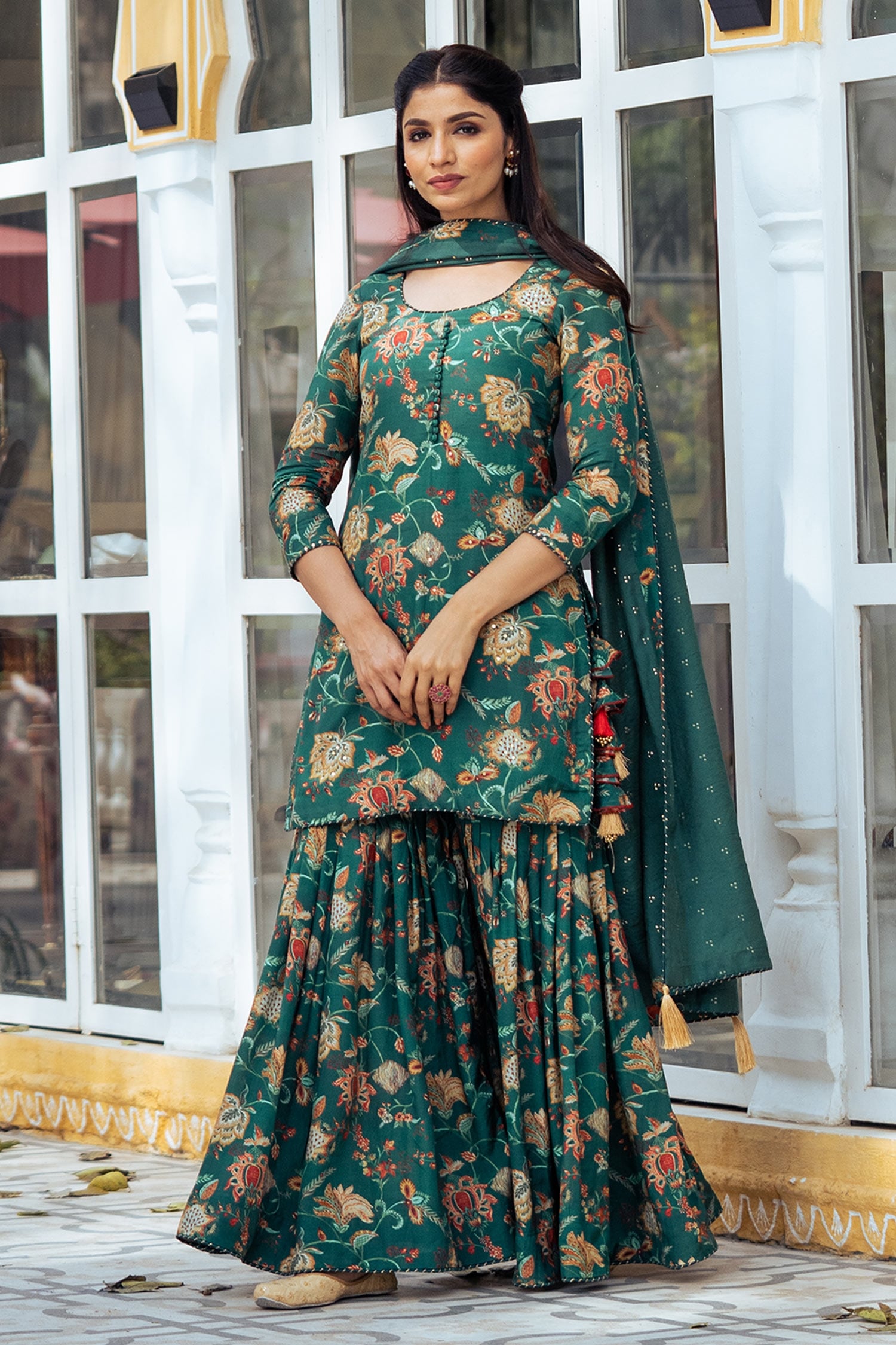 Buy Green Floral Print Kurta Gharara Set For Women by Rivaaj Clothing ...