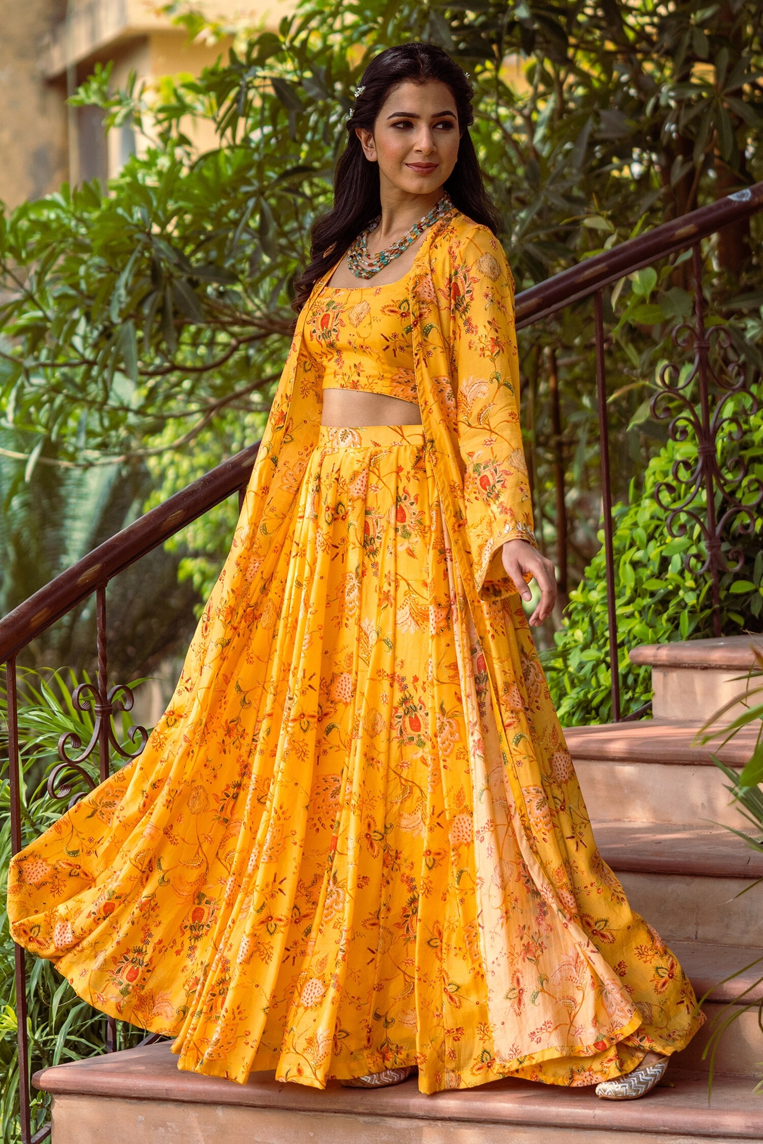 Buy Yellow Cotton Silk Floral Square Neck Jacket Lehenga Set For Women ...