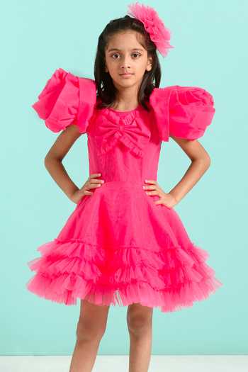 Girls Pink Thread Embroidered Dress main image 1
