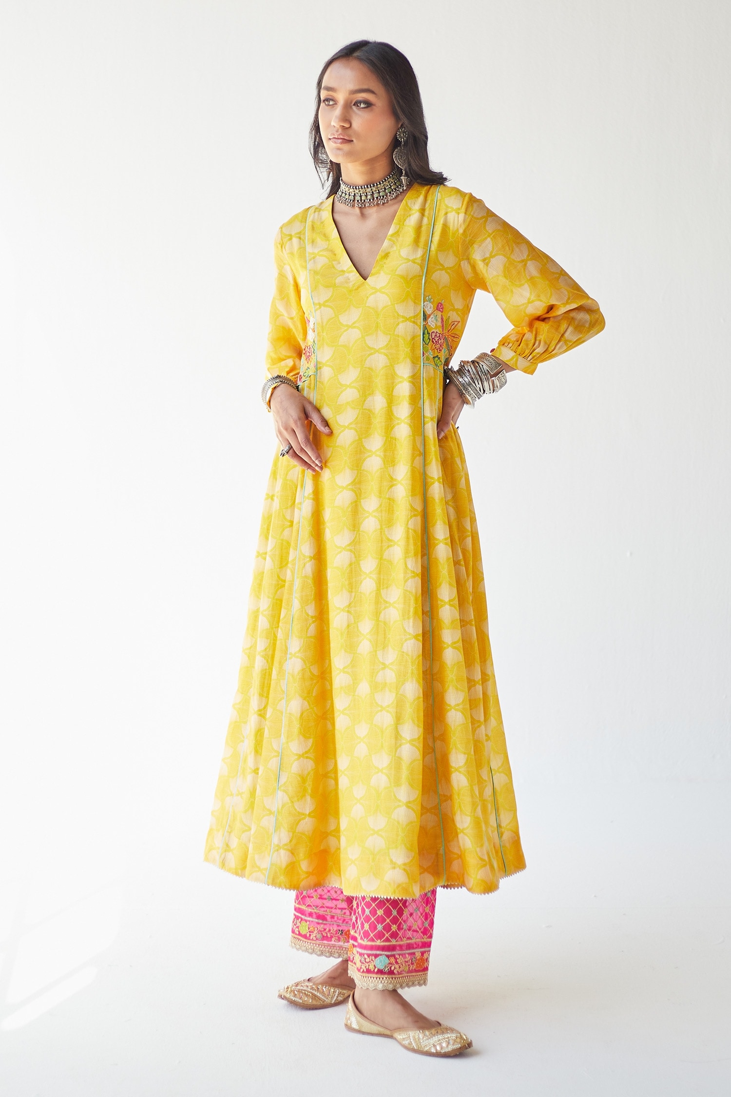 Buy Rajiramniq Yellow Cotton Silk Shell Print Puff Sleeve Kurta Set