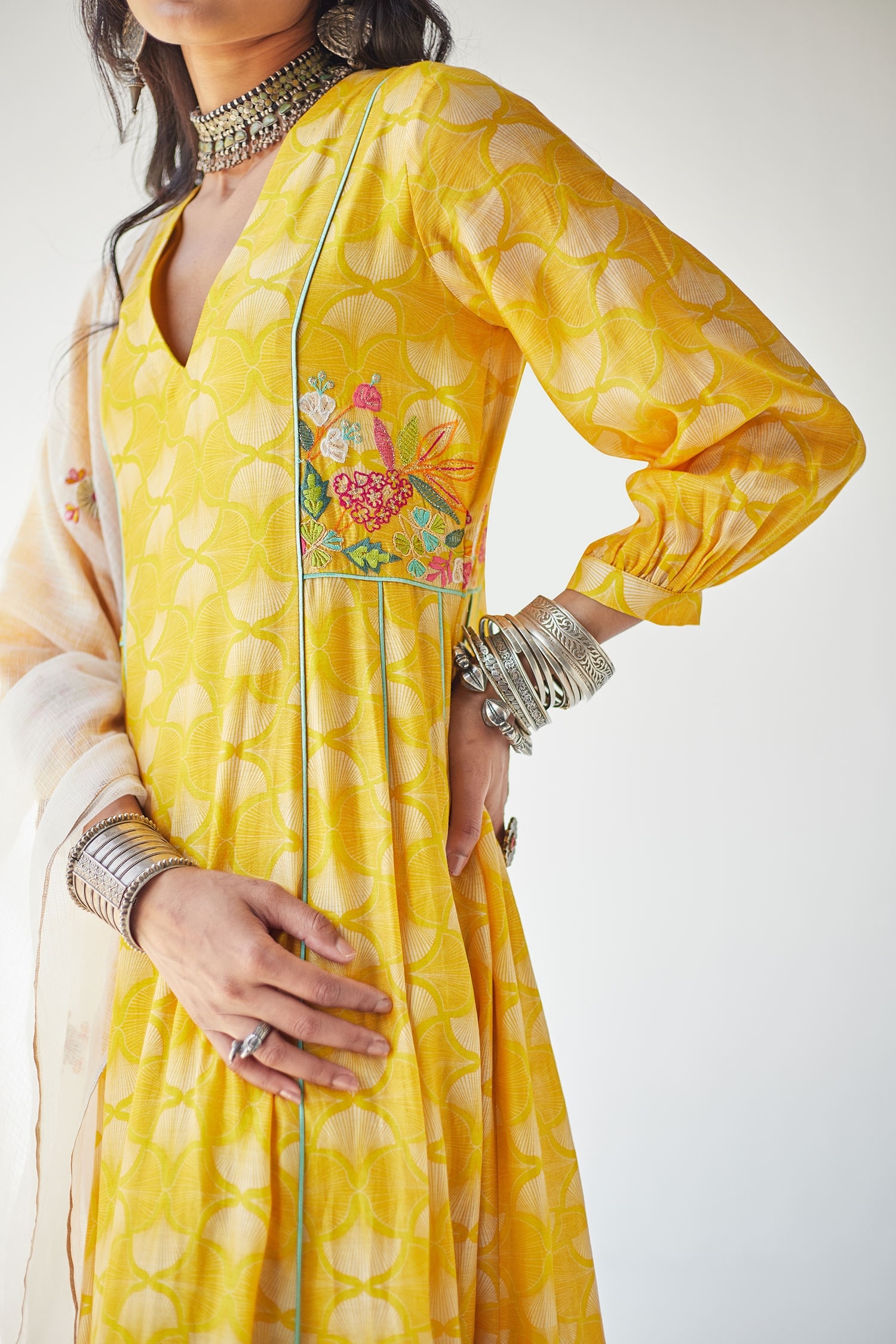 Buy Rajiramniq Yellow Cotton Silk Shell Print Puff Sleeve Kurta Set Online Aza Fashions