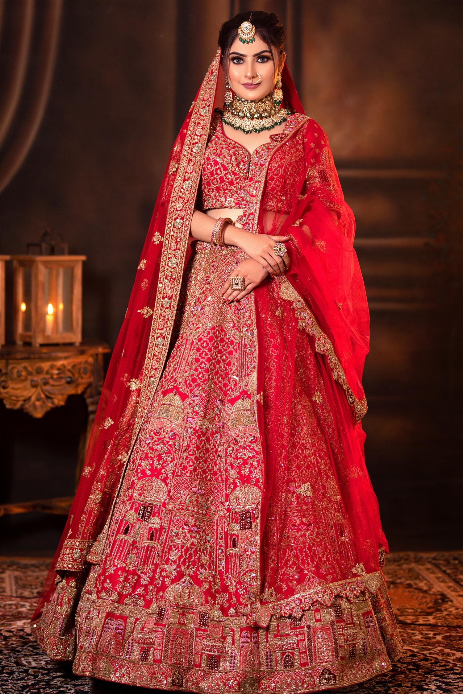 Buy Red Silk And Net Embroidery Zardozi Leaf Neck Lehenga Set For Women By 121couture Online At 