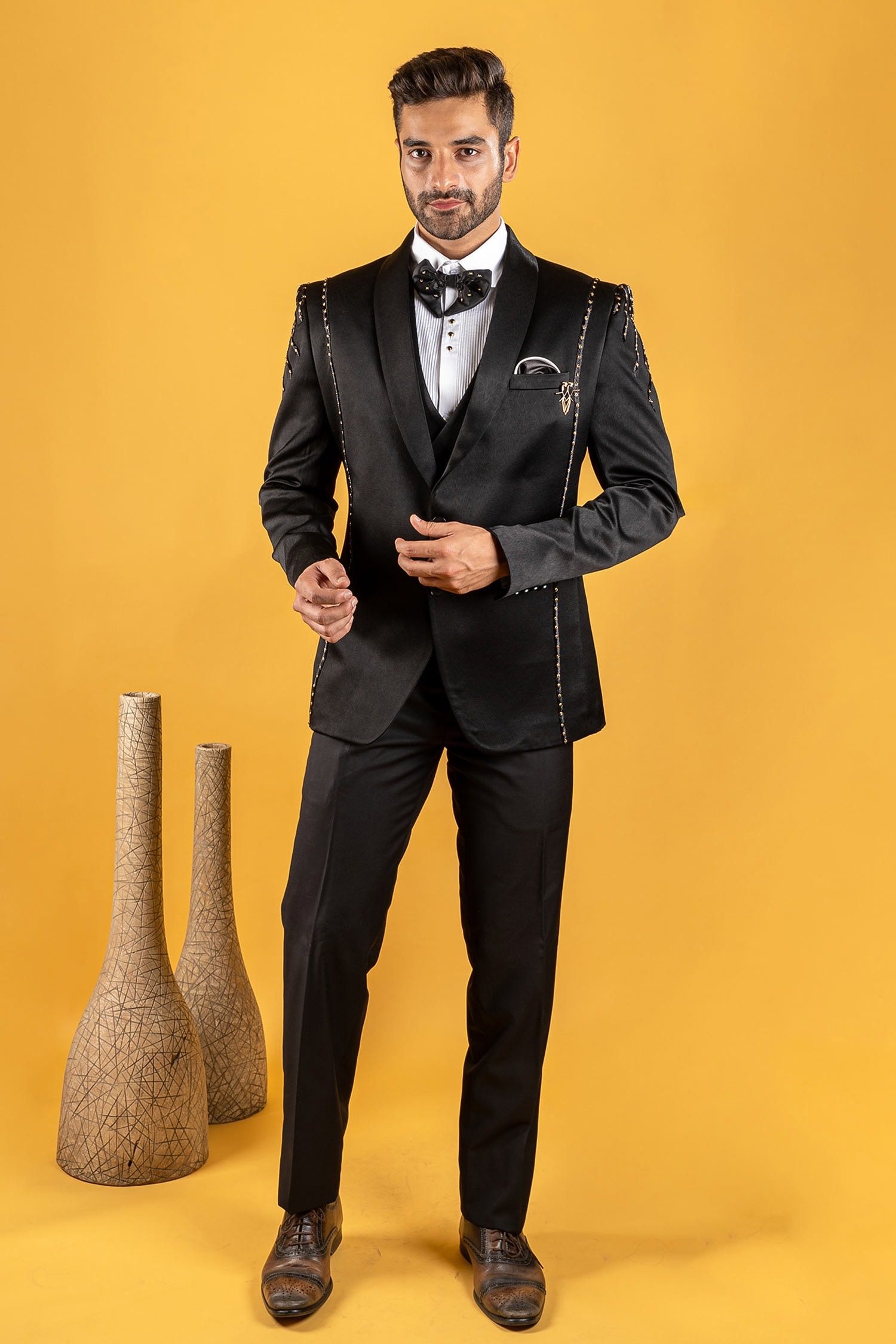 Buy Soniya G Black Satin Panelled Tuxedo Pant Set Online | Aza Fashions