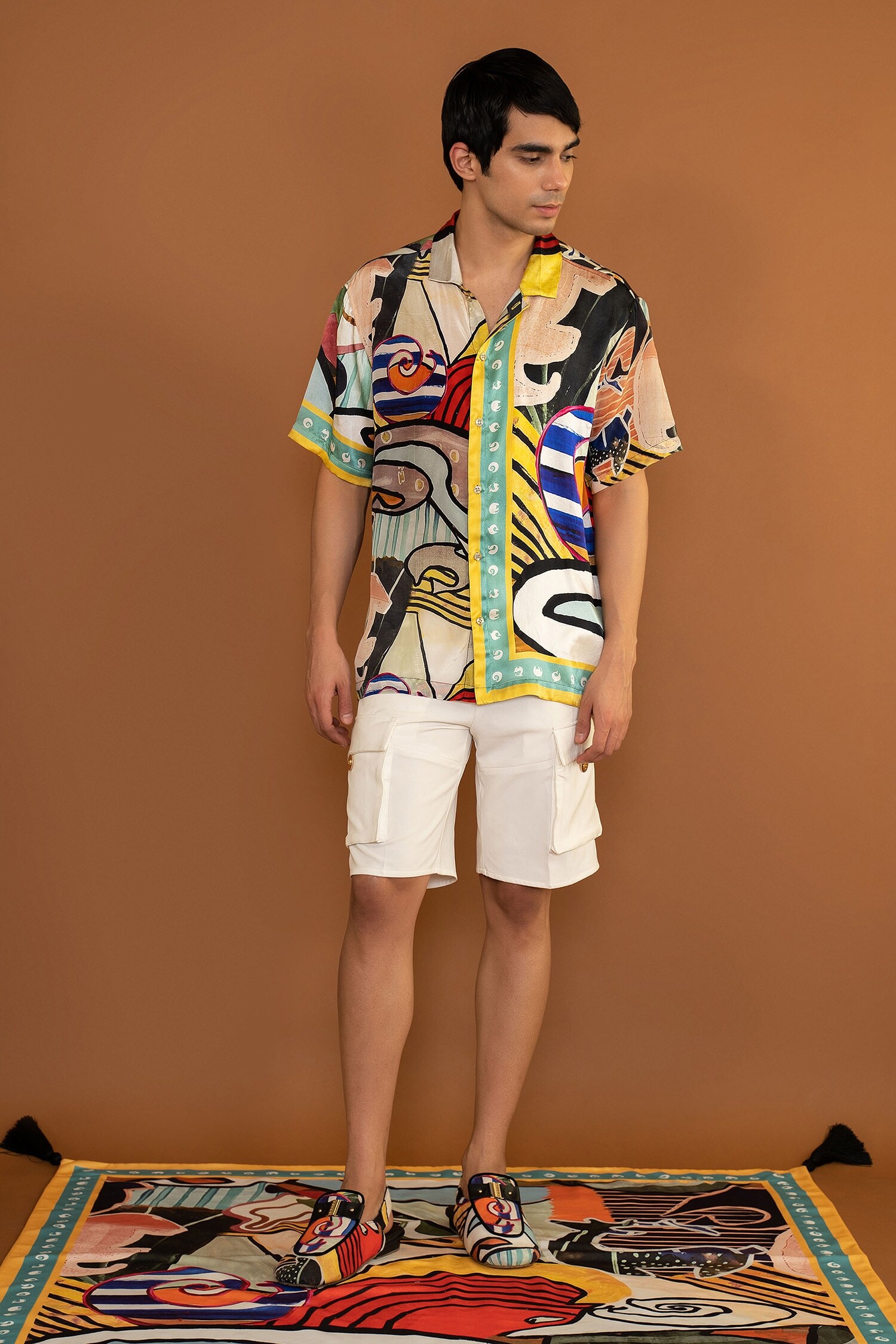 Buy Shivan & Narresh Men Ivory Satin Stretch Printed Resort Shirt