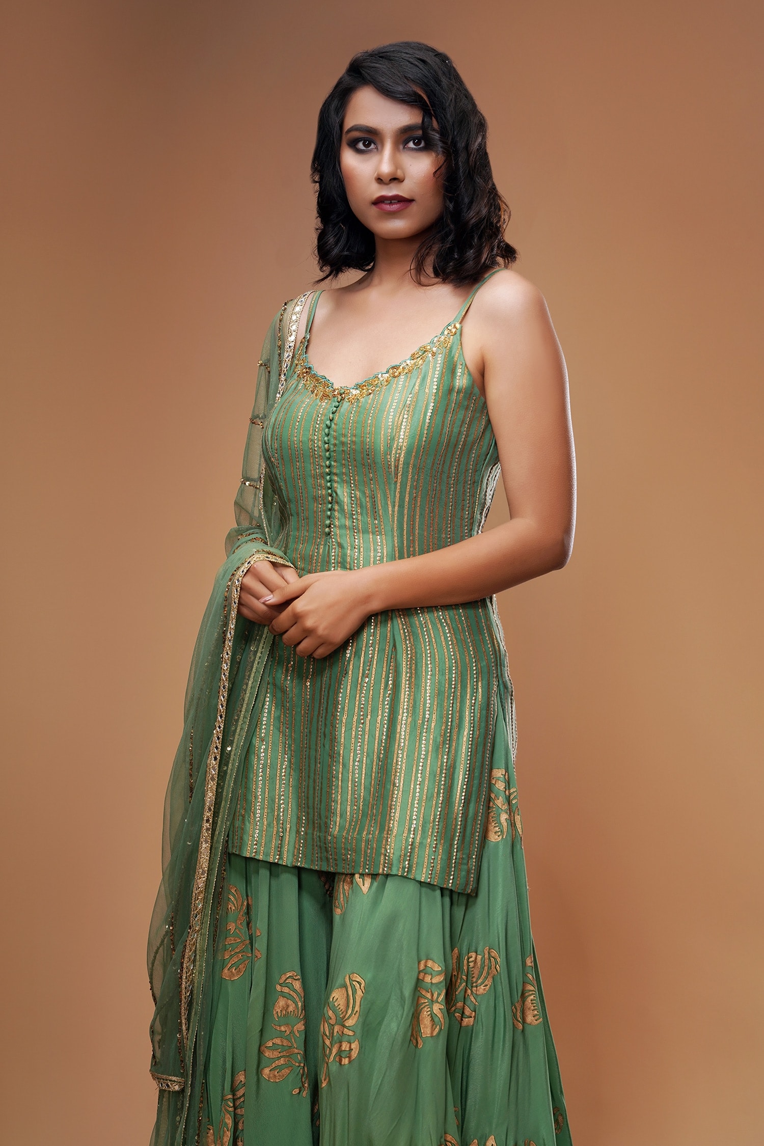 Buy Shruti S Green Silk Metallic Print Kurta Sharara Set Online | Aza ...