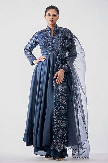 Blue Anarkali Suit Set with Organza Dupatta