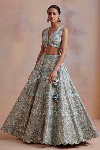Blue Slub Silk Lehenga With Blouse & Dupatta For Indian & Pakistani Wedding Festival - Thread, Zari and Sequins Embroidery Work