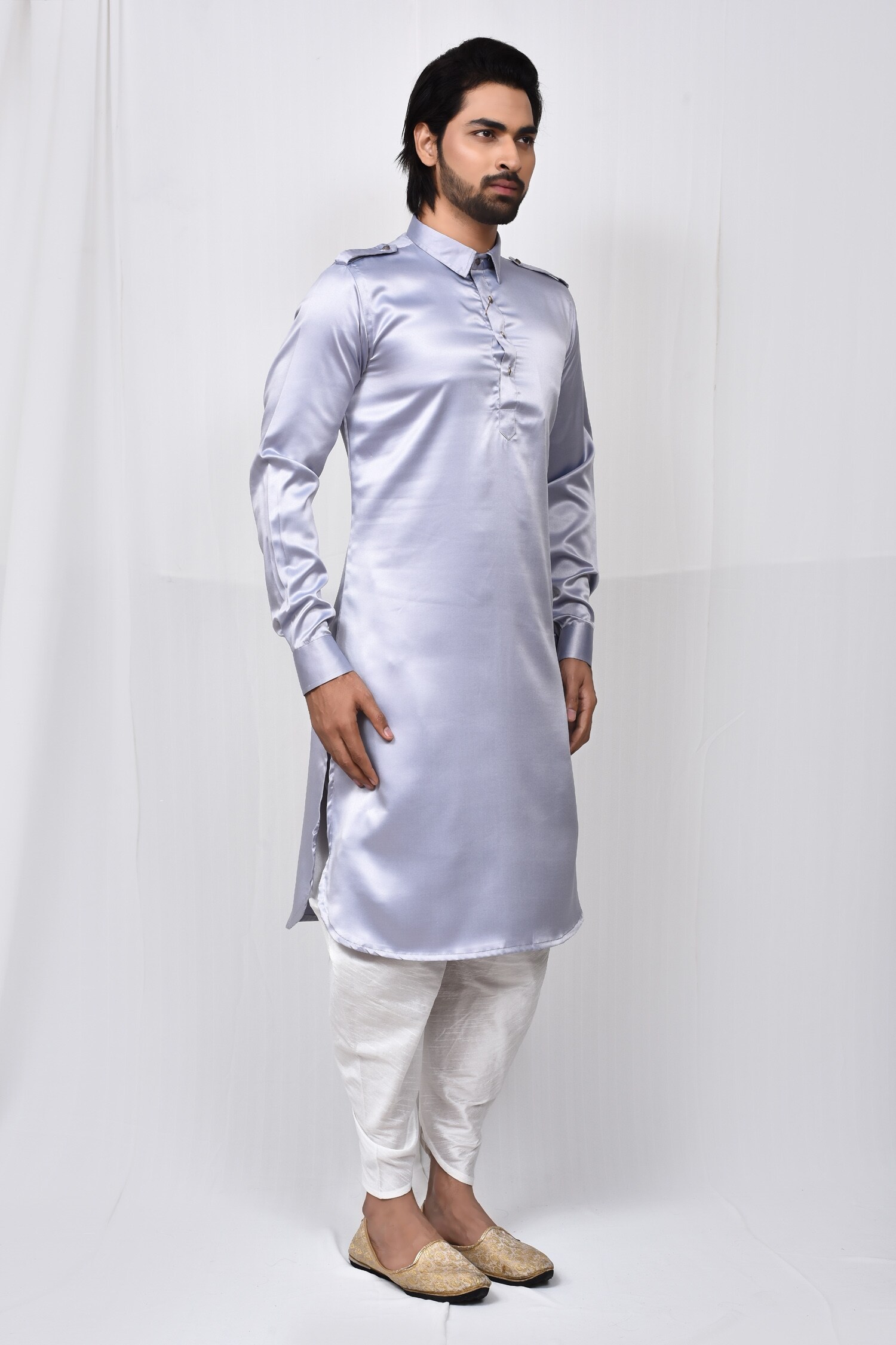 Buy Aryavir Malhotra Grey Satin Silk Cuff Sleeve Pathani Kurta Set Online Aza Fashions