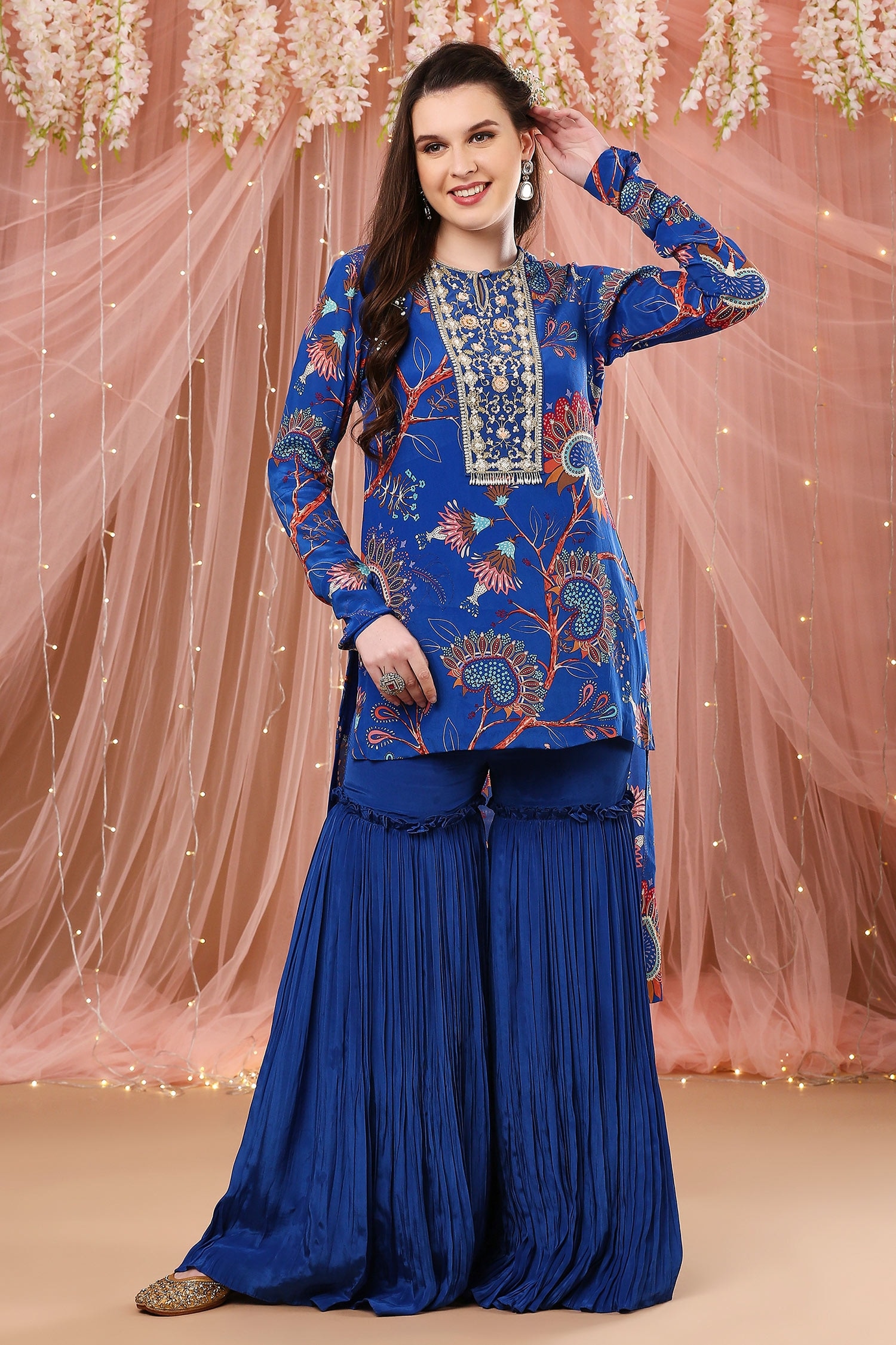 Buy Blue Crepe Silk Embroidered Zardozi Floral Print Jacket And Gharara Set For Women By Aayushi