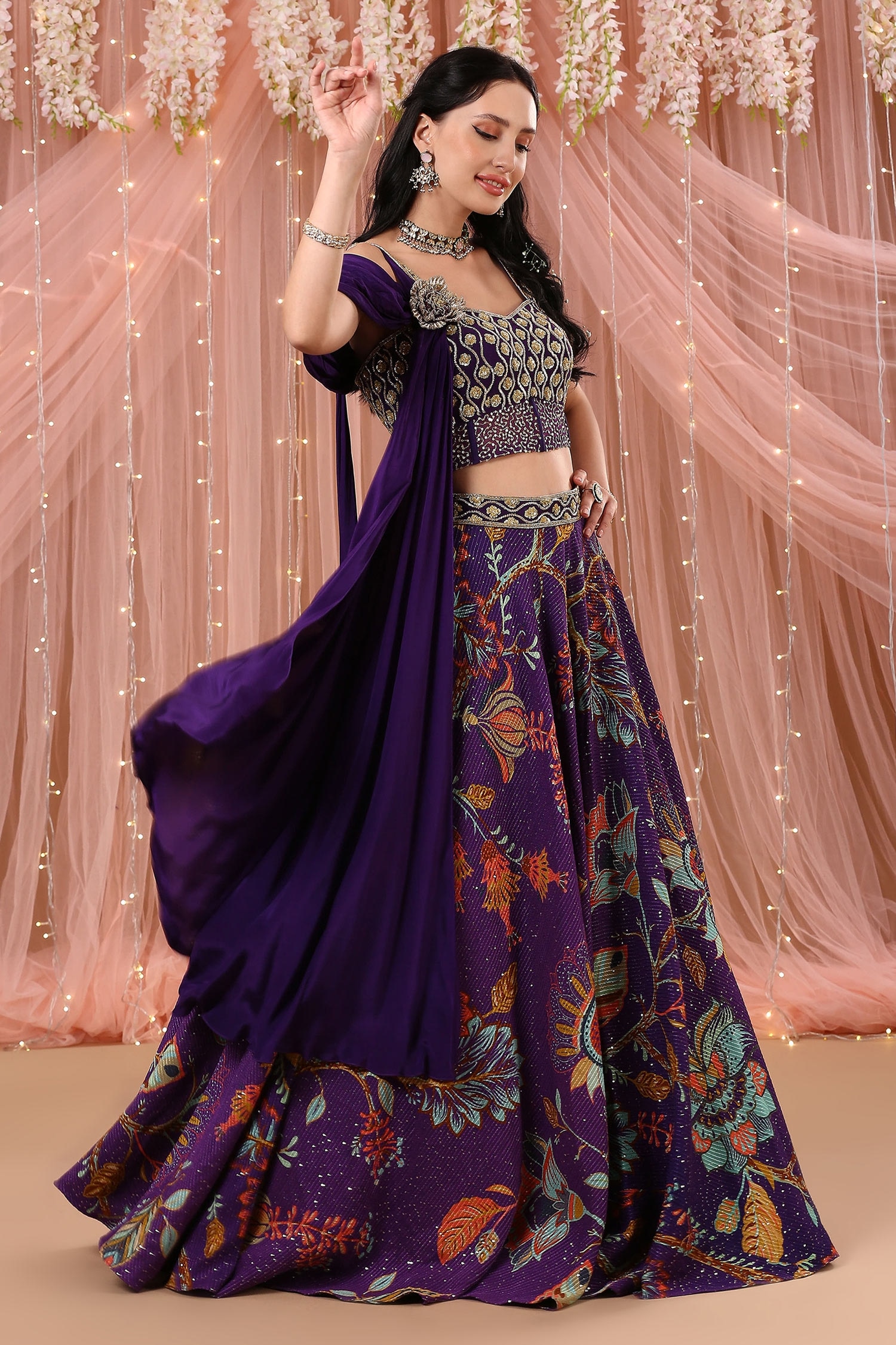 Buy Aayushi Maniar Purple Korean Georgette Drape Attached Choli And ...