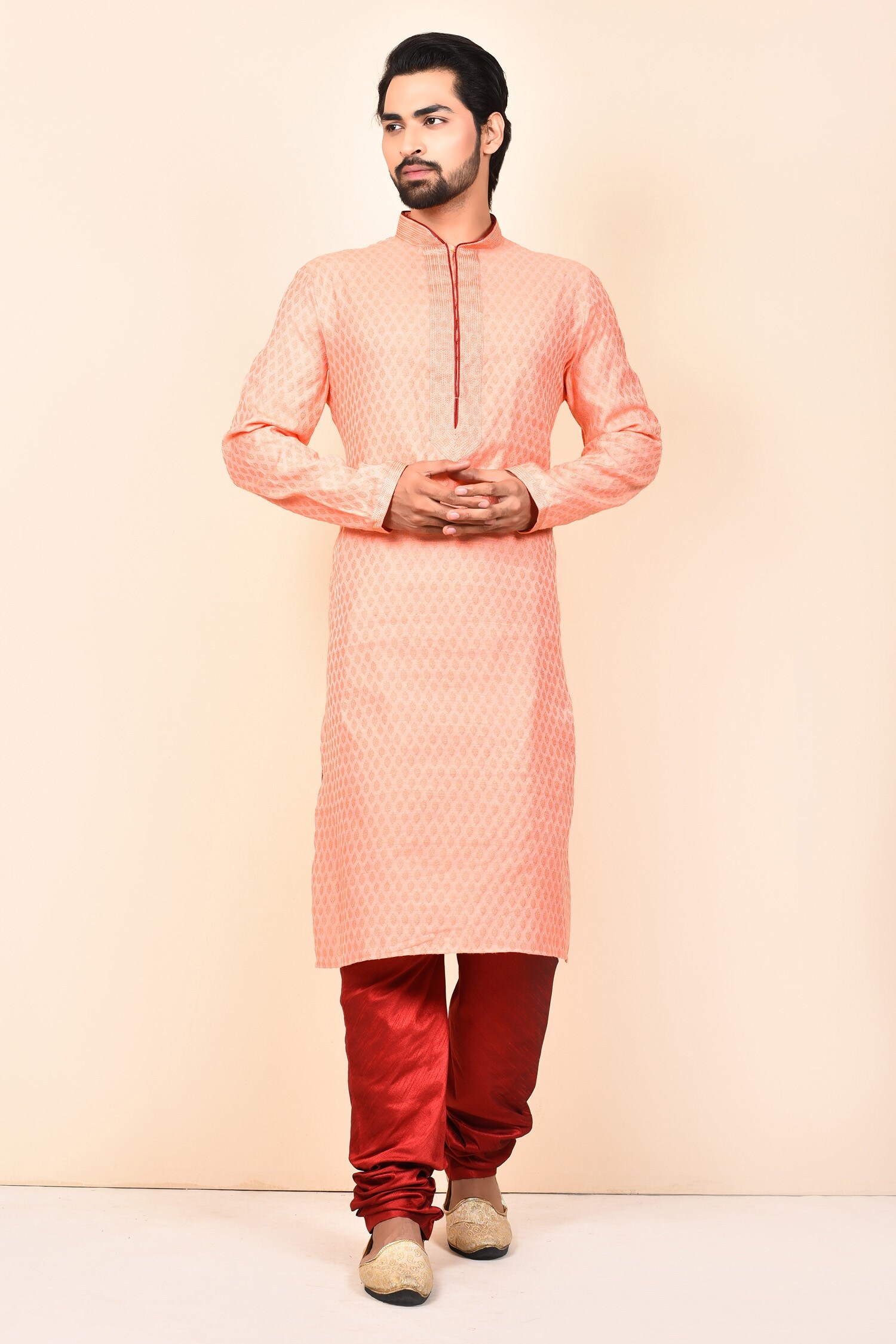 Buy Pink Jamawar Silk Floral Full Sleeve Kurta Set For Men by Khwaab by