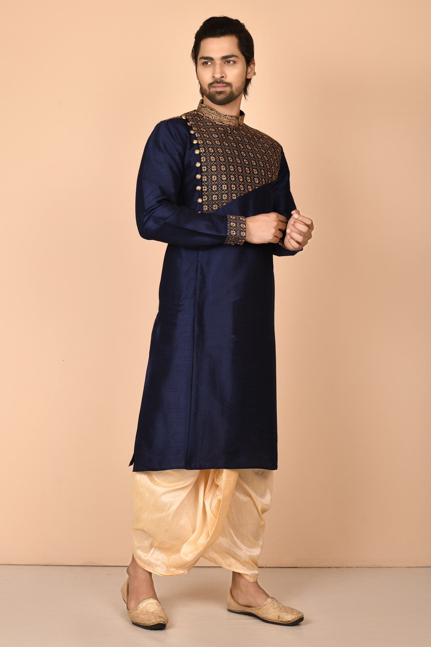 Buy Blue Art Dupion Silk Embroidered Floral Mandarin Collar Kurta Set