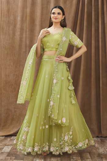 Buy Green Moda Silk And Organza Embroidery Sequin Round Floral Lehenga ...