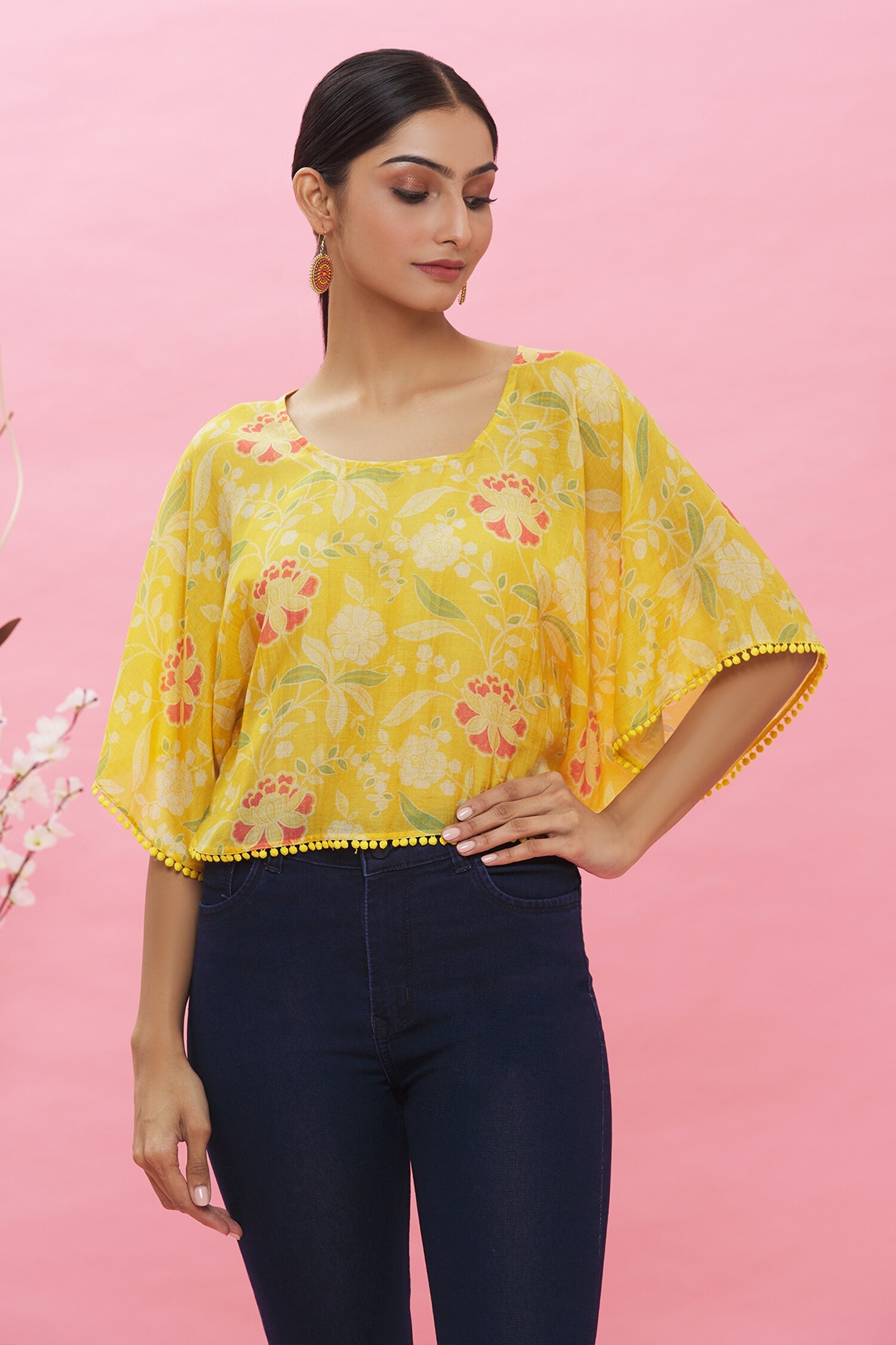 Buy Yellow Fine Muslin Printed Floral Round Crop Top For Women by